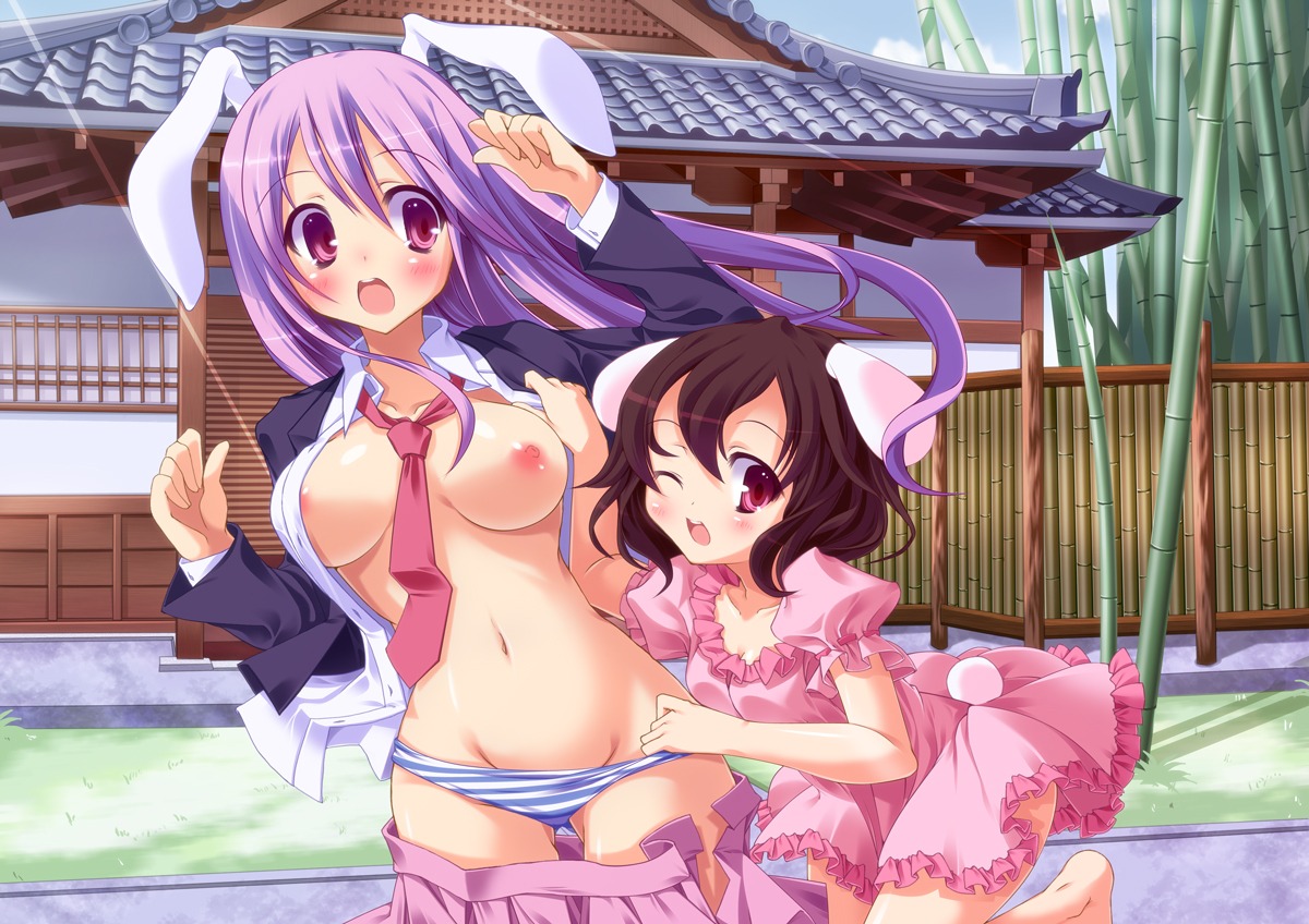 breasts brown_hair bunny_ear female long_hair no_bra open_clothes open_shirt panties panty_pull purple_hair red_eyes reisen_udongein_inaba rule34 shirt short_hair striped striped_panties tewi_inaba touhou underwear undressing yayoi_and_nagi