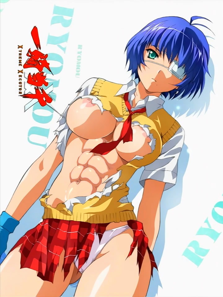 abs big_breasts blue_hair breasts bursting_breasts eye_patch female ikkitousen large_breasts muscles muscular photoshop ripped_shirt rule34 ryomou_shimei torn_clothes