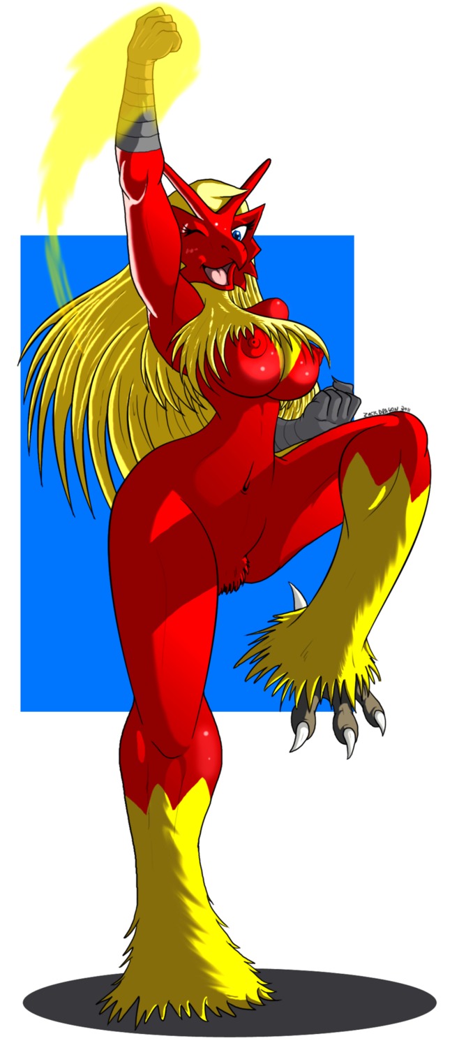 5_fingers anthro avian barefoot beak blaziken blonde_hair blue_eyes blush breasts claws color female female_only fire fist furry hair long_hair looking_at_viewer navel nipples nude on_one_foot open_mouth pokemon pokemon_(species) raised_arm red_nipples rule34 smile solo standing tongue wink zp92