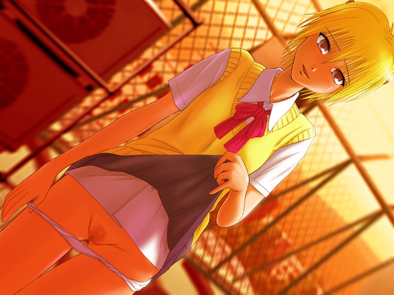 blonde_hair censored female game_cg katsuragi_yako majin_tantei_nougami_neuro maten panties panty_pull pubic_hair purple_eyes pussy rule34 school_uniform short_hair skirt skirt_lift solo standing underwear white_panties