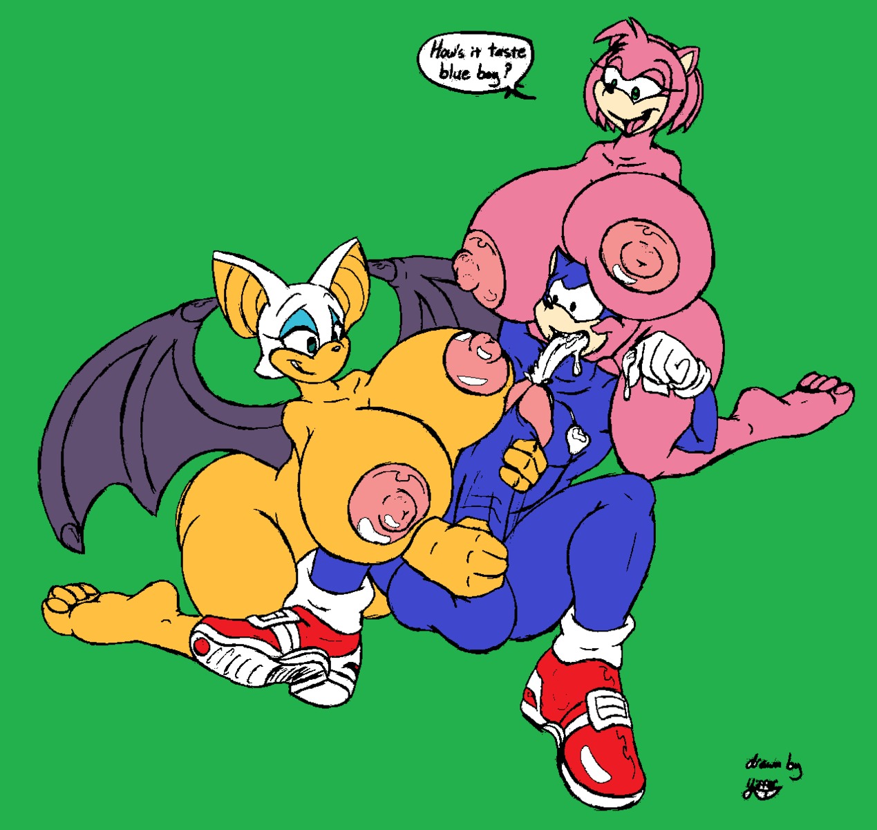 1boy 2009 2girls amy_rose anthro anthrofied badgerben balls barefoot bat big_balls big_breasts blue_fur boob_hat breasts chiropteran clothing cum cum_in_mouth cum_in_own_mouth cum_inside cum_on_self cumshot dialogue ejaculation english_text erection eulipotyphlan exposed_torso female footwear fur furry green_background group group_sex handjob handwear hedgehog hi_res huge_balls huge_breasts hyper hyper_balls hyper_breasts hyper_penis male malesub mammal membrane_(anatomy) membranous_wings nipples nude orgasm penile penis penis_grab pink_body pink_fur rouge_the_bat rule34 sega sex shoes simple_background sonic_(series) sonic_team sonic_the_hedgehog sonic_the_hedgehog_(series) straight tan_skin text threesome video_games white_fur wings