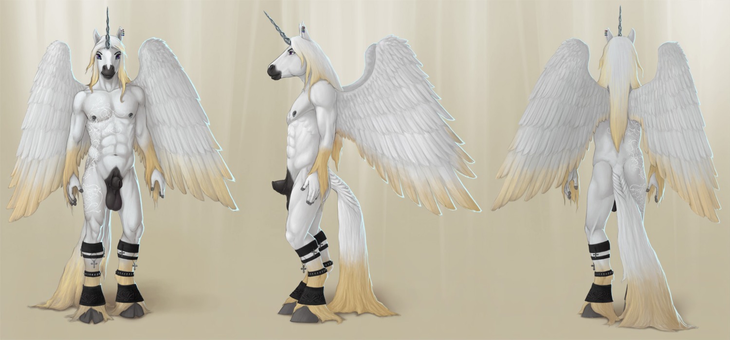 abs animal_genitalia anthro balls biceps biped bracelet braided_hair clothed clothing cross e621 ear_piercing equid equine equine_genitalia feathered_wings feathers front_view fur genitals hair hi_res hooves horn jewelry long_hair lostknight male mammal model_sheet morticus mostly_nude multiple_angles muscular muscular_anthro muscular_male mythological_creature mythological_equine mythology navel nipple_piercing nipples pecs piercing purple_eyes quads rear_view sheath side_view simple_background snout solo standing tail tan_background tattoo topless white_body white_feathers white_fur winged_unicorn wings