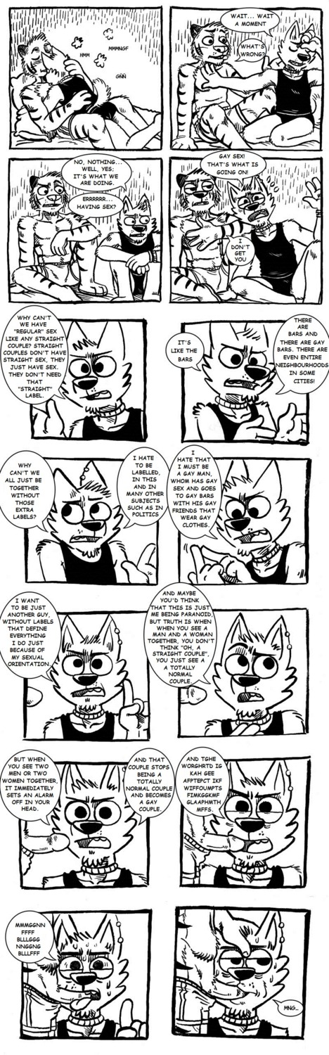 absurd_res anthro briefs canid canine canis clothing collar comic dialogue domestic_dog duo e621 english_text erection felid fellatio genitals hi_res humor kissing male male/male male_penetrated male_penetrating male_penetrating_male mammal monochrome oral oral_penetration pantherine penetration penile penis rayfkm sex text third-party_edit tiger underwear wristband