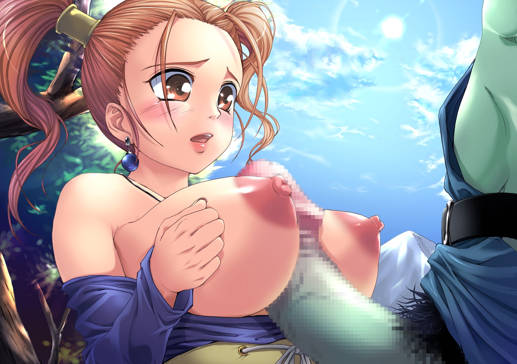 1boy 1girls blush breasts censored clothing dragon_quest dragon_quest_viii dress female highres human jessica_albert large_breasts male paizuri penis pubic_hair rule34 shinozuka_jouji solo_focus straight strapless_dress titfuck