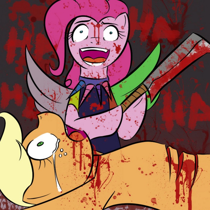 1:1 applejack_(mlp) blonde_hair blood bodily_fluids clothing crying cupcakes_(mlp_fanfic) death dress duo e621 earth_pony equid equine feathered_wings feathers female friendship_is_magic fur gore hair hasbro horn horse insane knife machete mammal melee_weapon my_little_pony orange_body parody pink_body pink_fur pink_hair pinkie_pie_(mlp) pony tears unknown_artist weapon wings
