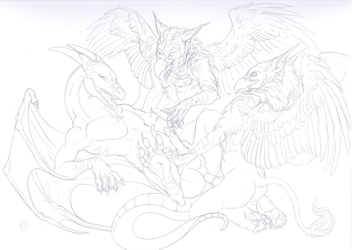 2009 anal anal_penetration avian balls beak black_and_white bodily_fluids cum cum_on_face dark_natasha dragon e621 erection feathered_wings feathers feral feral_on_feral genital_fluids genitals group group_sex gryphon interspecies male male/male male_penetrated male_penetrating male_penetrating_male membrane_(anatomy) membranous_wings monochrome mythological_avian mythological_creature mythological_scalie mythology nude penetration penis scalie sex signature simple_background tail tail_tuft threesome tongue trio tuft white_background wings