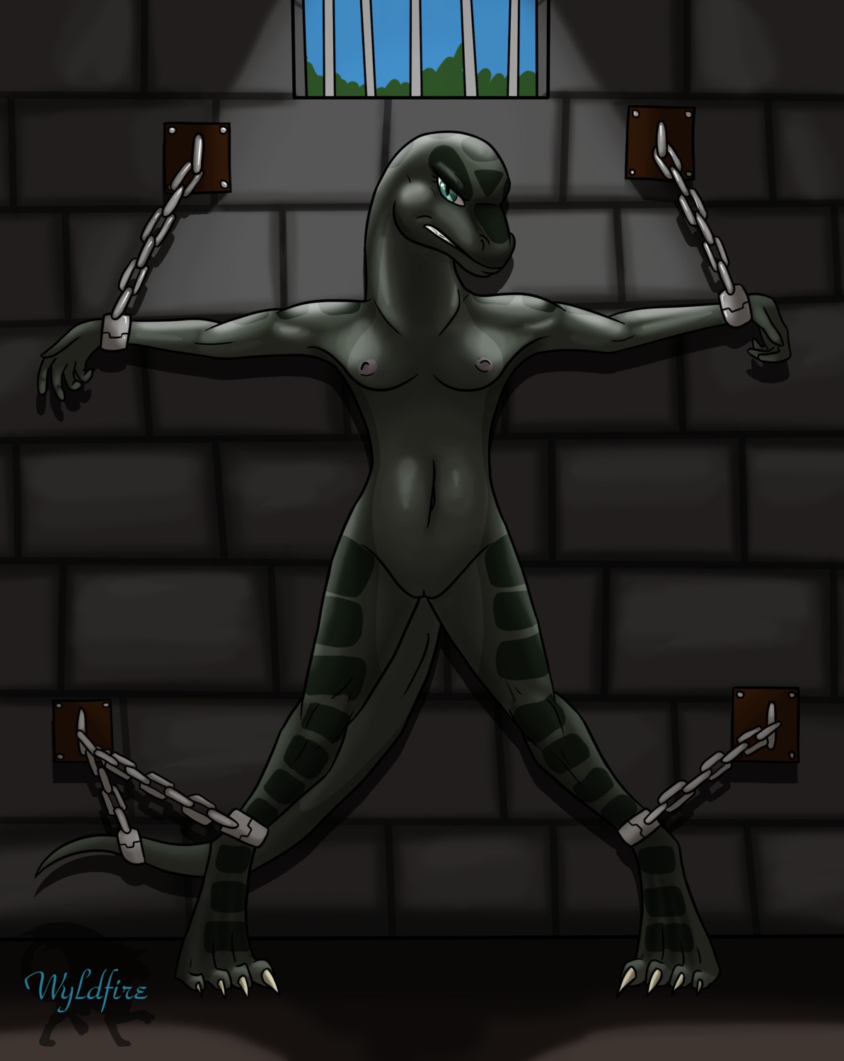 absurd_res anthro bdsm bondage bound breasts captured chain dungeon e621 female genitals hi_res lizard myst_(fr0stbit3) nipples non-mammal_breasts non-mammal_nipples nude reptile scalie solo submissive submissive_female tail vulva wyldfire7