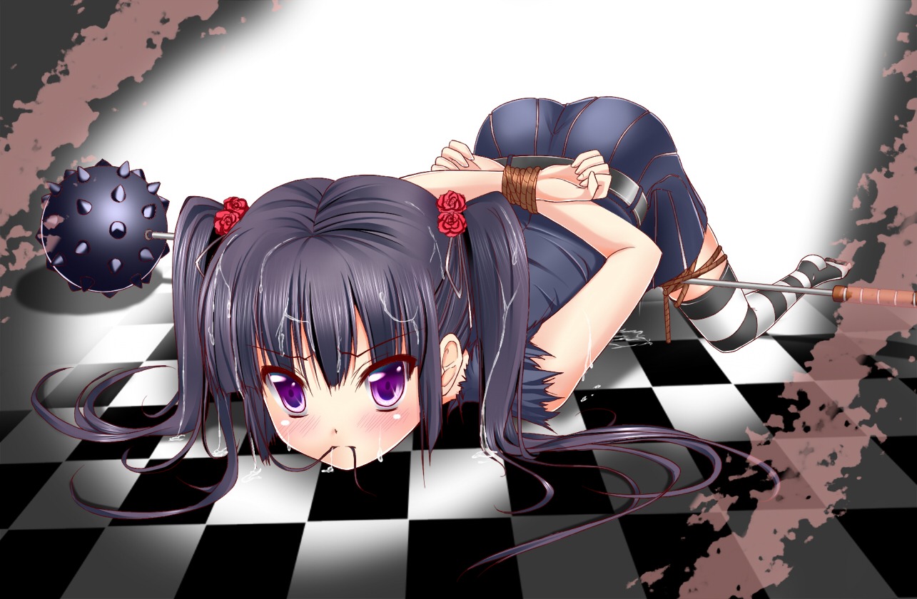 black_hair blush bondage bound_wrists cum cum_on_body cum_on_hair cum_on_upper_body female flower golf_club hair_flower hair_in_mouth hair_ornament hair_ribbon kooh long_hair mouth_hold noumin pangya purple_eyes pussy pussy_juice red_rose ribbon rope rose rule34 skirt solo spreader_bar striped striped_legwear striped_thighhighs thighhighs tied_hair top-down_bottom-up torn_clothes twintails