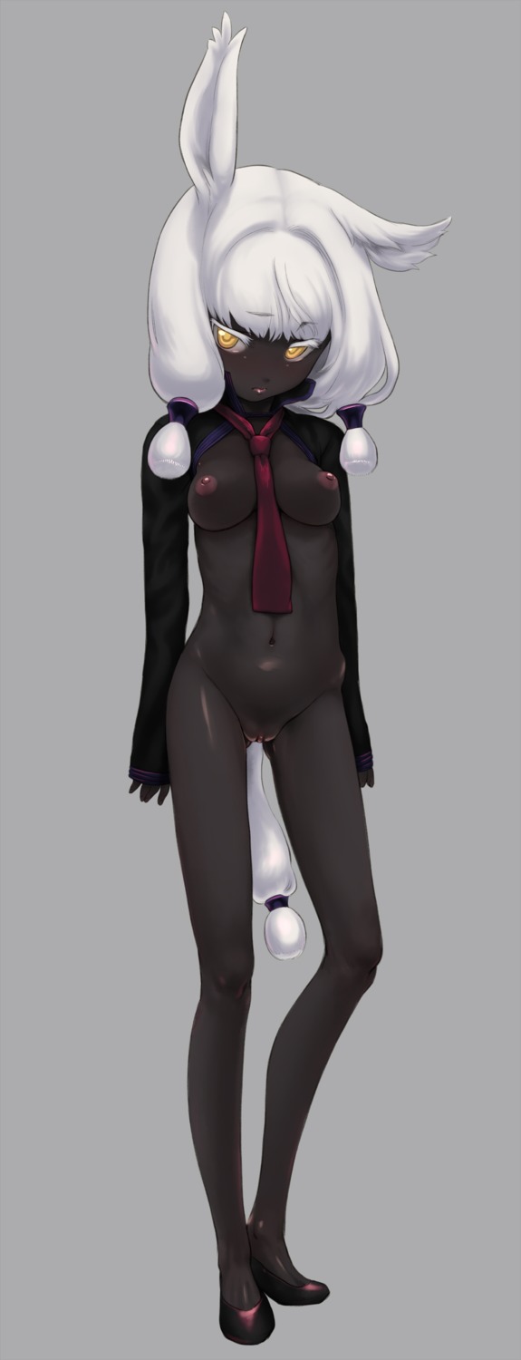 animal_ear black_skin bottomless breasts bunny_ears copyright_request dark_skin female grey_background highres legs musen-shiki_sanhankikan navel necktie nipples pout puffy_nipples pussy rule34 simple_background small_breasts tail uncensored white_hair yellow_eyes
