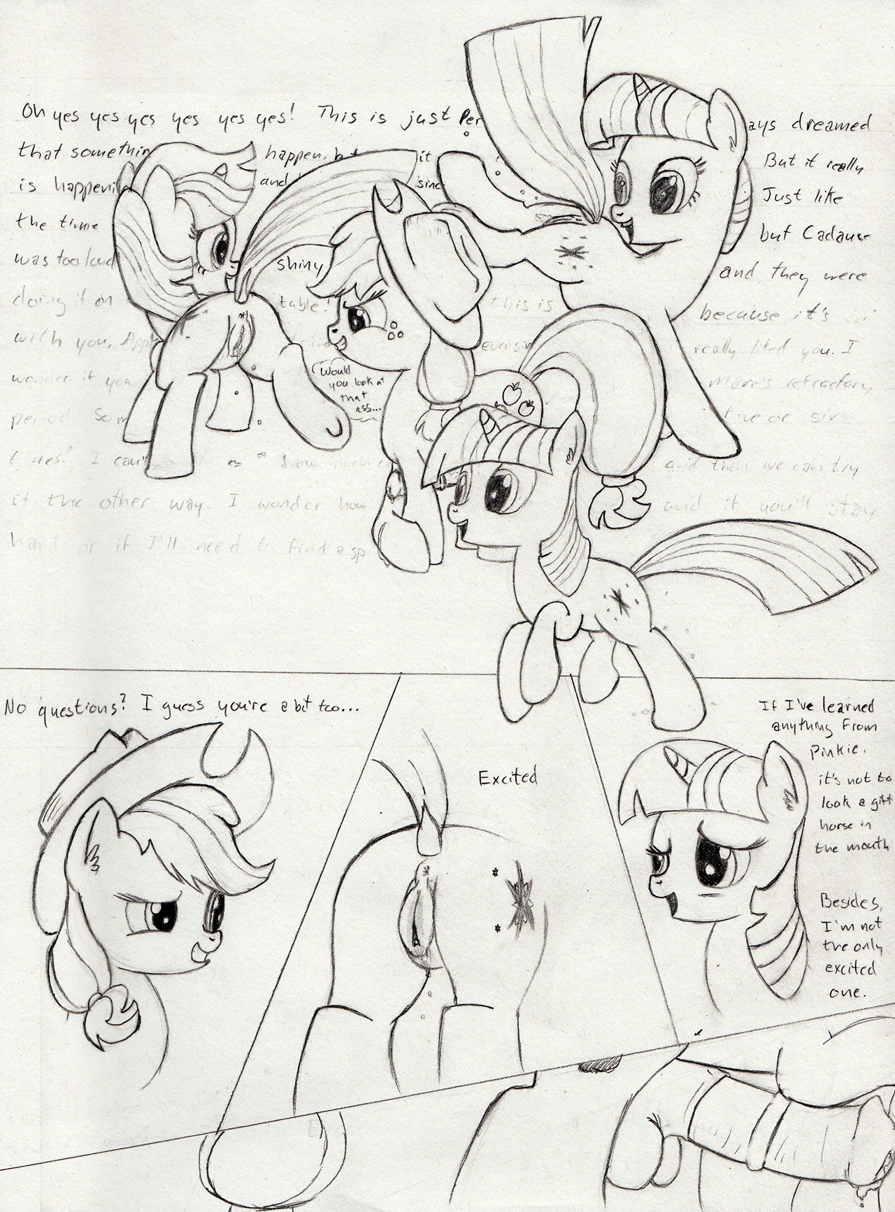 2013 anus applejack_(mlp) better_version_at_source bodily_fluids clothing comic cowboy_hat cum cutie_mark dialogue dripping duo e621 earth_pony english_text equid equine erection female feral freckles friendship_is_magic fur genital_fluids genitals gynomorph hair hasbro hat headgear headwear hi_res horn horse intersex kitsuneymg mammal monochrome my_little_pony mythological_creature mythological_equine mythology penis pony precum text twilight_sparkle_(mlp) unicorn vaginal_fluids vulva wall_of_text