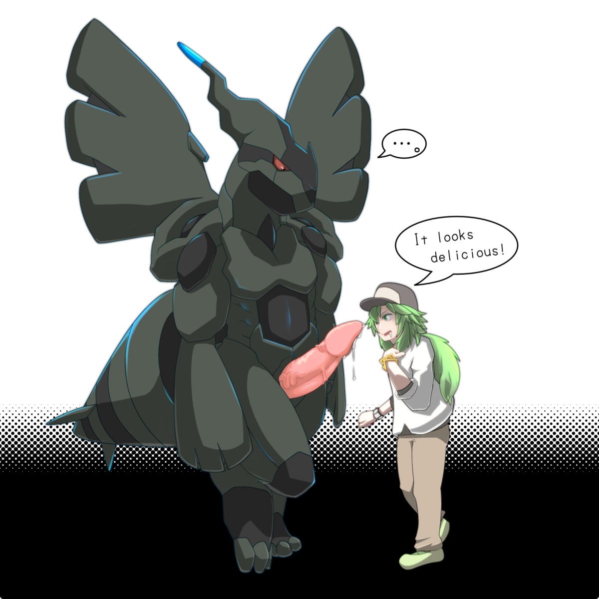 1:1 anthro anthrofied bodily_fluids clothing cum dialogue drooling duo e621 english_text erection generation_5_pokemon genital_fluids genitals green_hair hair hat headgear headwear hi_res human human_on_anthro imminent_oral imminent_sex interspecies larger_anthro legendary_pokemon long_hair male male/male mammal n_(pokemon) nintendo penis pokemon pokemon_(species) pokephilia red_eyes saliva simple_background size_difference smaller_human text unknown_artist white_background zekrom