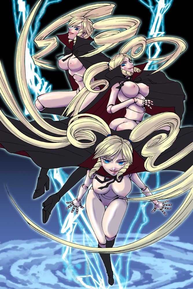 2009 3girls android blonde_hair blue_eyes boots breasts female gamia_q humanoid large_breasts light-skinned_female light_skin long_hair mazinger mazinger_z multiple_females multiple_girls naked_cape naked_footwear nipples nude ousawa_ugetsu rule34 trio twintails villainess