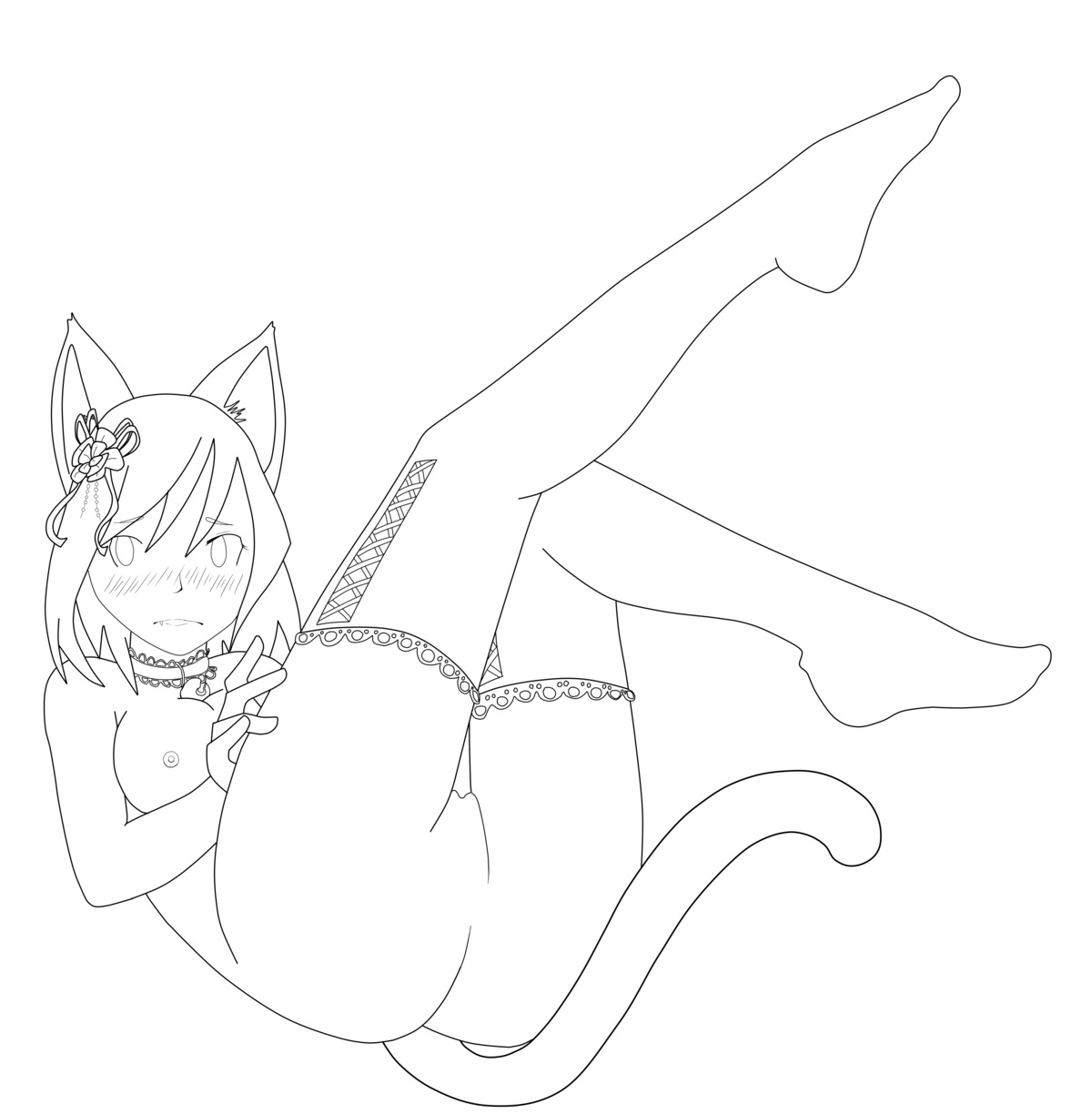 animal_ears anthro arriette ass blue_eyes blush breasts cat cat_ears cat_girl catgirl cute_fang feline female furry high_resolution large_breasts legs legs_up looking_at_viewer lying monochrome on_back orange_hair pussy rule34 tail thighhighs
