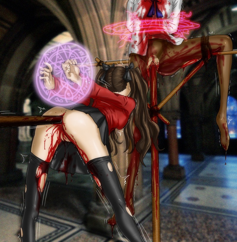 anal_bleeding anal_insertion anal_penetration artoria_pendragon ayaswan black_hair_ornament black_legwear black_skirt blood brown_hair fate/stay_night fate_(series) female gore guro impalement red_shirt rule34 thighhighs tohsaka_rin