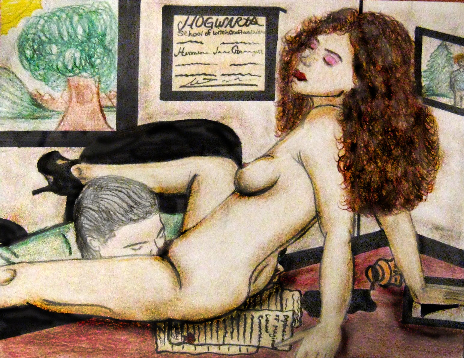1girls artist_request breasts cunnilingus desk draco_malfoy english_text female gryffindor harry_potter hermione_granger on_desk pubic_hair rule34 sex slytherin straight tagme text witch_(harry_potter)