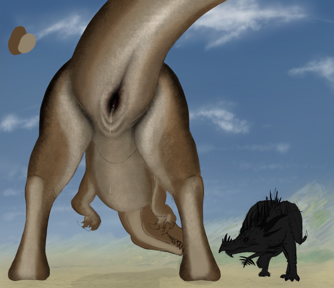 all_fours animal_genitalia bent_over black_body black_skin bodily_fluids brown_body brown_skin butt claws cloaca close-up cloud conditional_dnp dinosaur drad dradmon dragon dripping duo e621 female feral genital_fluids genitals imminent_sex lizard low-angle_view mythological_creature mythological_scalie mythology prehistoric_species presenting presenting_hindquarters rear_view red_eyes reptile saurischian scalie sharp_teeth spikes standing stare tail tailbutt teeth theropod tyrannosaurid tyrannosauroid tyrannosaurus tyrannosaurus_rex vaginal_fluids vulva