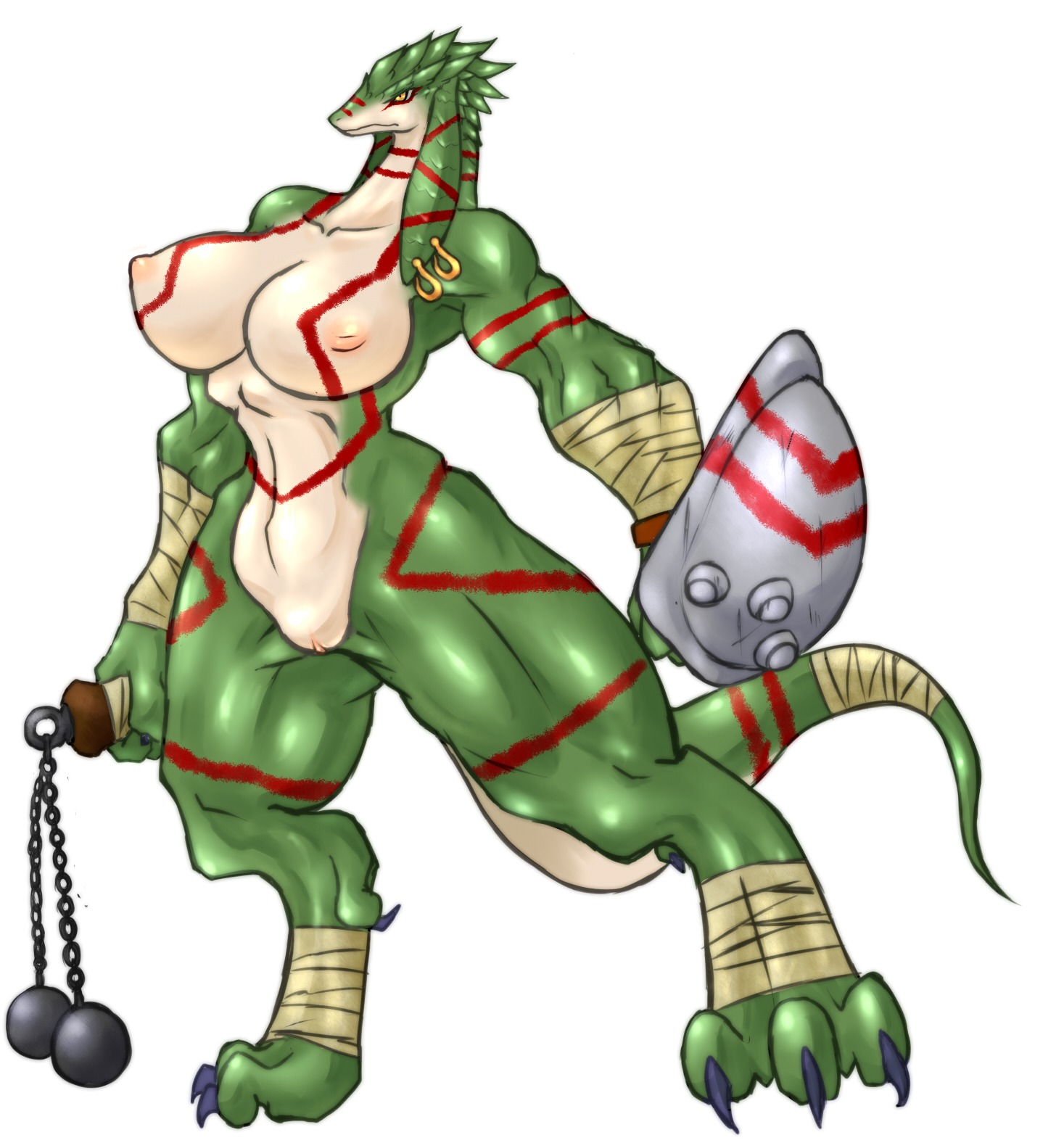 anthro big_breasts breasts claws clitoris e621 ear_piercing feet female flail foot_wraps genitals green_body green_skin hand_wraps hi_res huge_breasts ketsuneko lizard melee_weapon muscular muscular_anthro muscular_female nipples non-mammal_breasts non-mammal_nipples nude piercing reptile scalie shield simple_background solo tail tail_wraps toe_claws vulva weapon white_background white_body white_skin wraps yellow_eyes