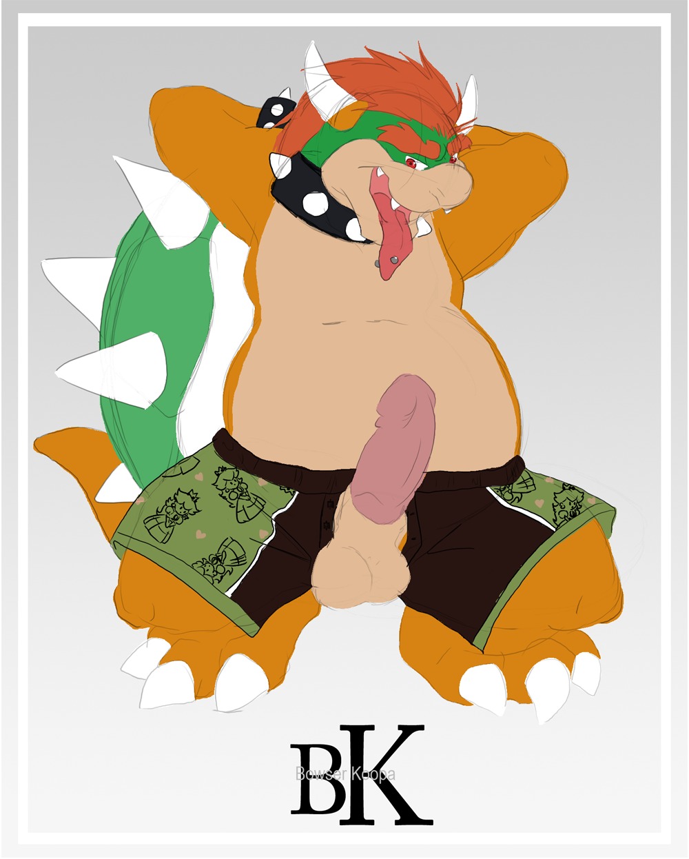 balls bowser boxers celestial color erection humanoid_penis male male_only mario_(series) nintendo penis piercing reptile rule34 scalie sketch solo straight_hair tagme tongue tongue_out underwear