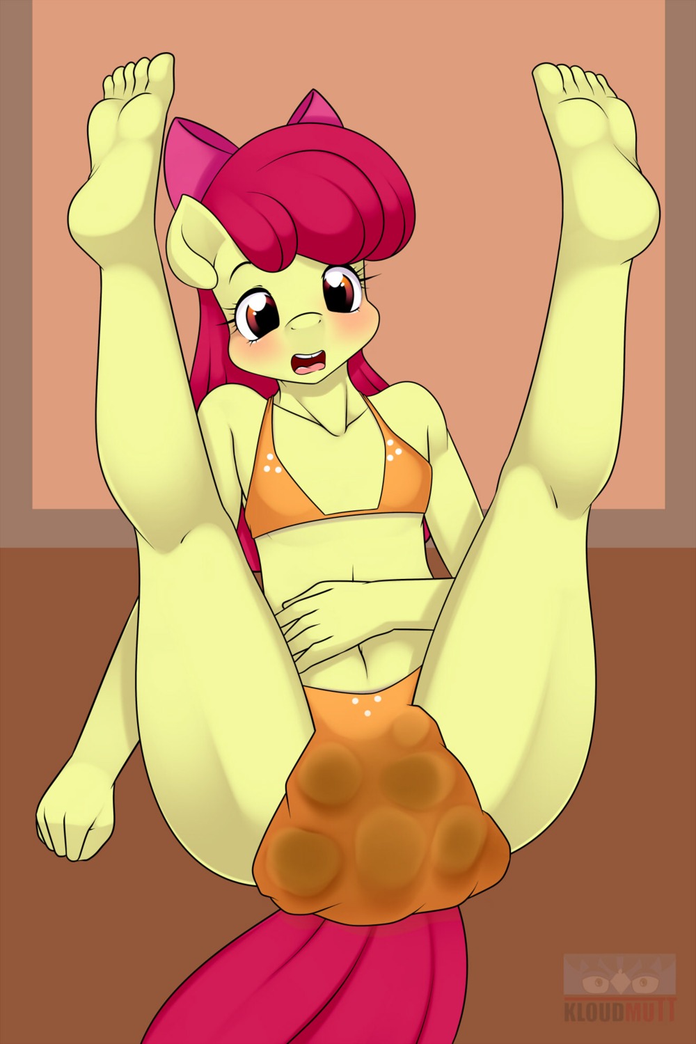2014 2:3 accessory anthro anthrofied apple_bloom_(mlp) blush bow_(feature) bow_accessory bow_ribbon bra clothing digital_media_(artwork) e621 earth_pony equid equine feces feet female friendship_is_magic hair hair_accessory hair_bow hair_ribbon hasbro hi_res horse humanoid_feet kloudmutt legs_up mammal my_little_pony navel open_mouth plantigrade pony pooping red_hair ribbons scatplay soiling soiling_underwear solo underwear