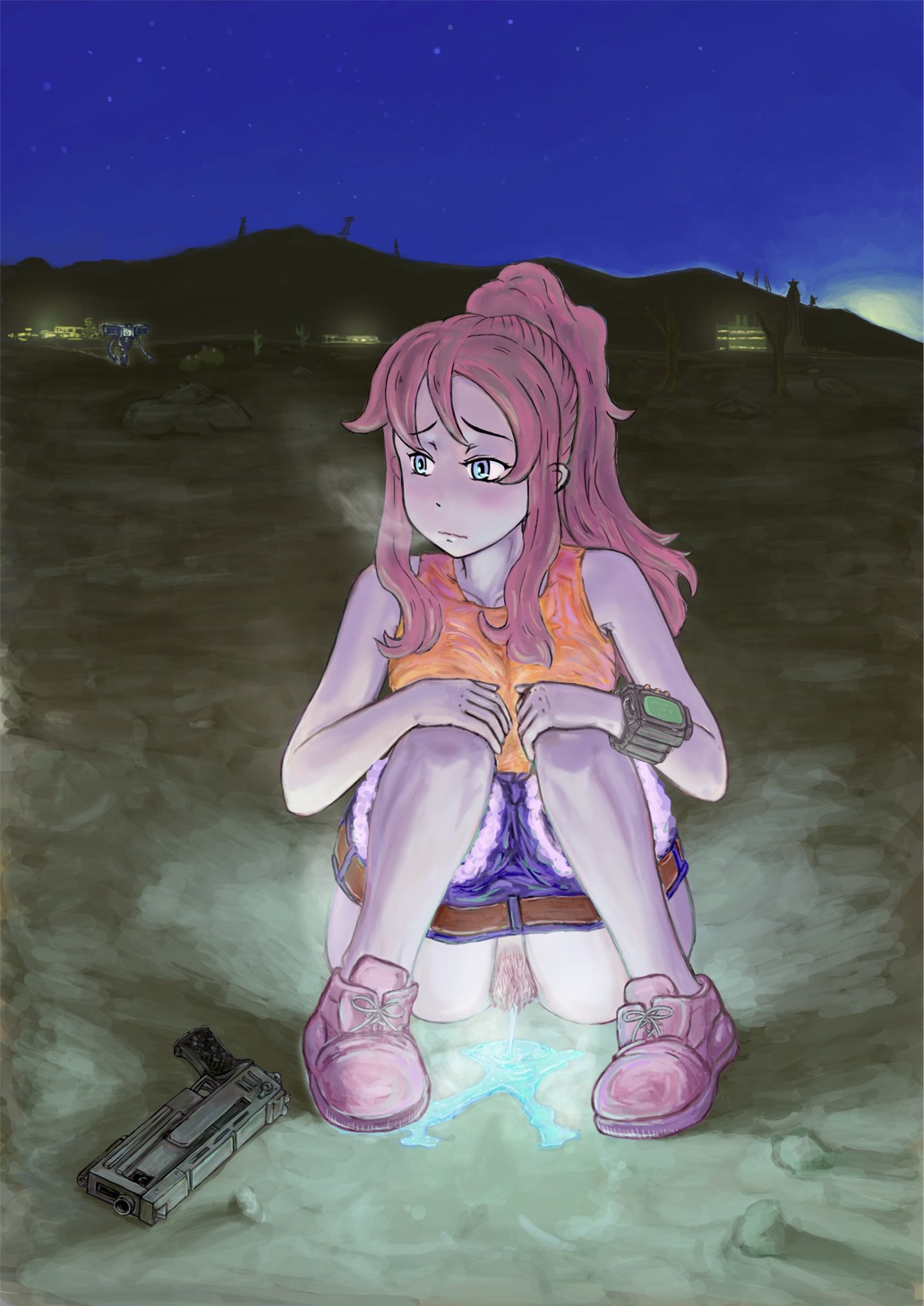 10mm_pistol 1girls 2010 2d 2d_(artwork) belt blue_eyes cactus clothing color computer cutoffs desert electronics fallout fallout_new_vegas female female_focus female_only gun highres human human_female no_artist no_artist_signature no_source nuka-cola nuka-cola_quantum outdoors pale_skin peeing pink_hair pip-boy pistol pubic_hair robot rule34 securitron_(fallout) shorts solo solo_focus squatting unusual_urine weapons wristwear