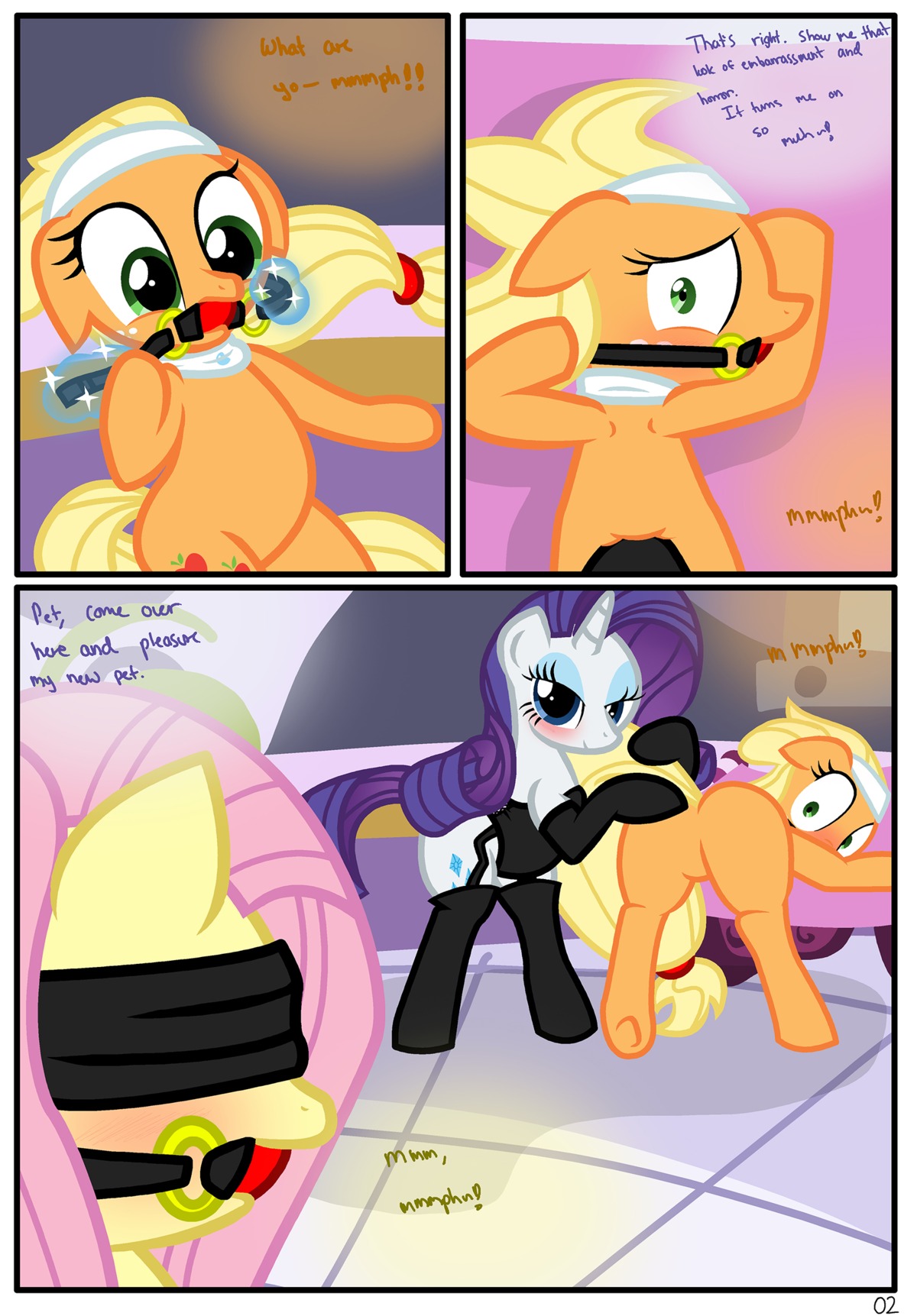 absurd_res applejack_(mlp) ball_gag bdsm bent_over blindfold blonde_hair blue_eyes blush border comic cutie_mark e621 earth_pony english_text equid equine featureless_crotch female feral fluttershy_(mlp) friendship_is_magic fur gag gagged green_eyes group hair hasbro hi_res horn horse long_hair mammal my_little_pony mythological_creature mythological_equine mythology orange_body orange_skin pink_hair pony purple_hair pyruvate rarity_(mlp) spa tail text unicorn white_body white_border white_fur white_skin yellow_body yellow_skin