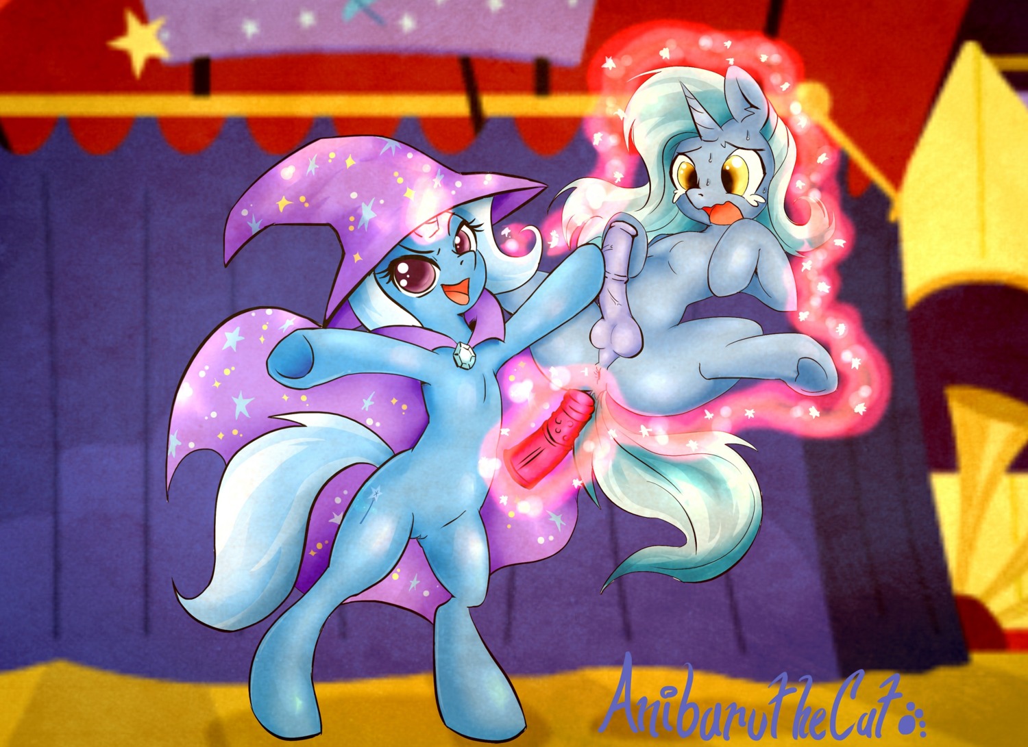 2014 anibaruthecat animal_genitalia animal_penis anthro anus balls blue_body blue_fur bodily_fluids clothed clothing crossgender cutie_mark digital_media_(artwork) dildo duo e621 equid equine equine_genitalia equine_penis erection eyelashes female friendship_is_magic ftg_crossgender fti_crossgender fur genitals glowing gynomorph gynomorph/female hair hasbro hat headgear headwear hi_res horn intersex intersex/female levitation long_hair magic mammal multicolored_hair my_little_pony mythological_creature mythological_equine mythology nude open_mouth penis purple_eyes selfcest sex_toy spread_legs spreading square_crossover standing tears trixie_(mlp) two_tone_hair unicorn wizard_hat