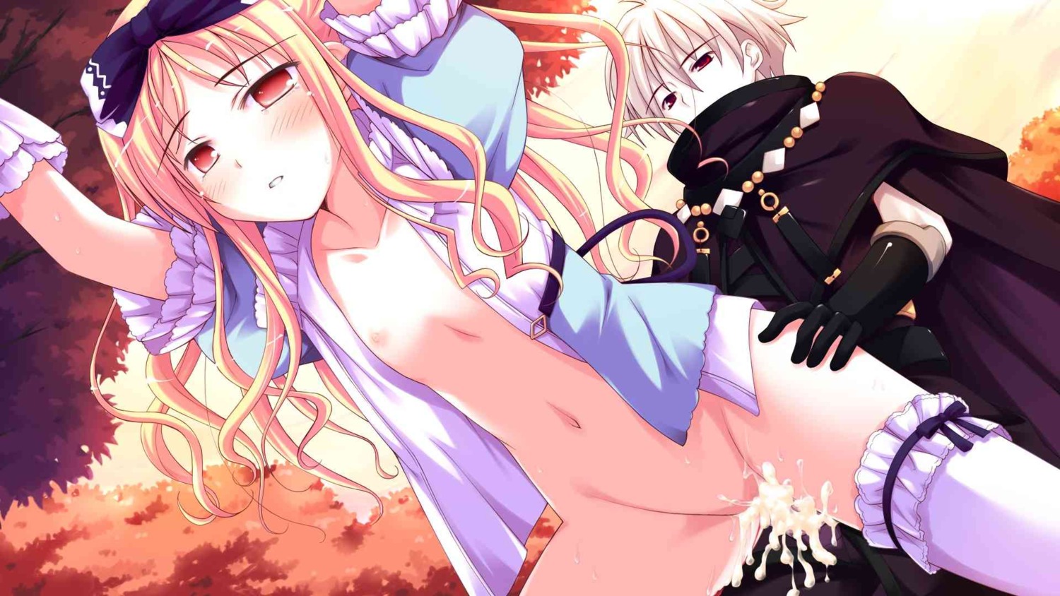 aberdeen_roland avril_(shukufuku_no_campanella) blonde_hair blush censored cum cum_inside doggy_style empty_eyes female flat_chest from_behind high_resolution long_hair open_clothes open_shirt outdoors outside red_eyes rule34 sex shirt shukufuku_no_campanella tear thighhighs white_legwear white_thighhighs