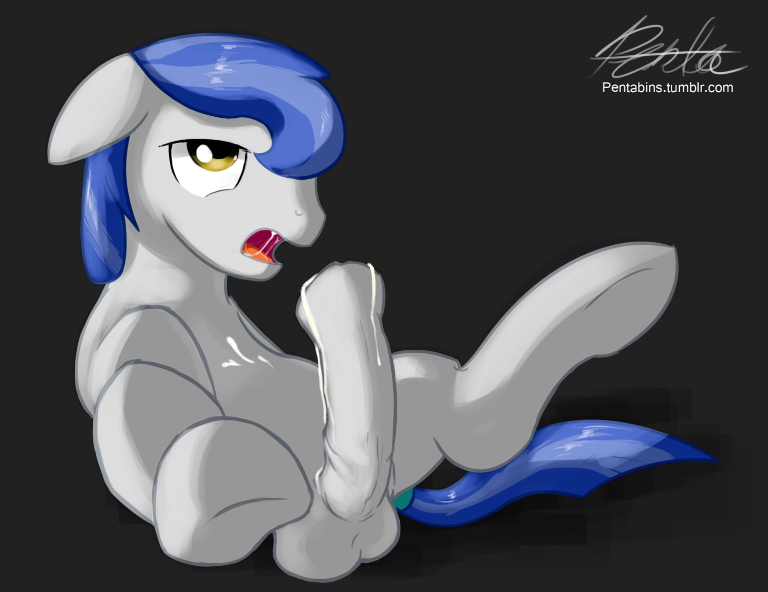 amber_eyes balls blue_hair bodily_fluids cum cum_in_mouth cum_in_own_mouth cum_in_self cum_inside cum_on_own_tongue cum_on_self cum_on_tongue e621 equid equine erection feral friendship_is_magic genital_fluids genitals hair hasbro hi_res horse male mammal multicolored_hair my_little_pony nude penis pentabins pony royal_guard_(mlp) simple_background solo tail text tongue two_tone_hair url