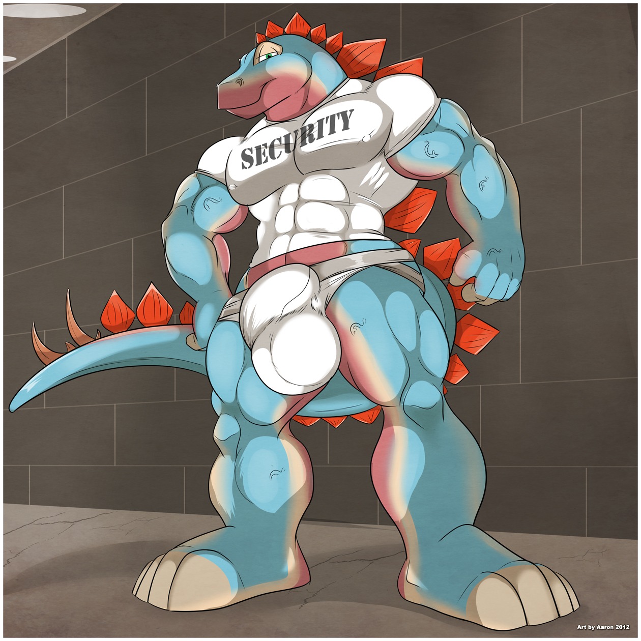 1:1 2012 aaron_(artist) abs anthro back_plates biceps big_bulge big_muscles biped border bouncer bulge clothed clothing detailed_bulge digital_media_(artwork) dinosaur e621 ethan_kowalski genital_outline green_eyes hi_res jockstrap looking_at_viewer male muscular muscular_anthro muscular_male nipples ornithischian pecs penis_outline pose prehistoric_species reptile scales scalie shirt smile solo spiked_tail spikes spikes_(anatomy) standing stegosaurian stegosaurus tail thagomizer thyreophoran tight_clothing topwear underwear vein white_border