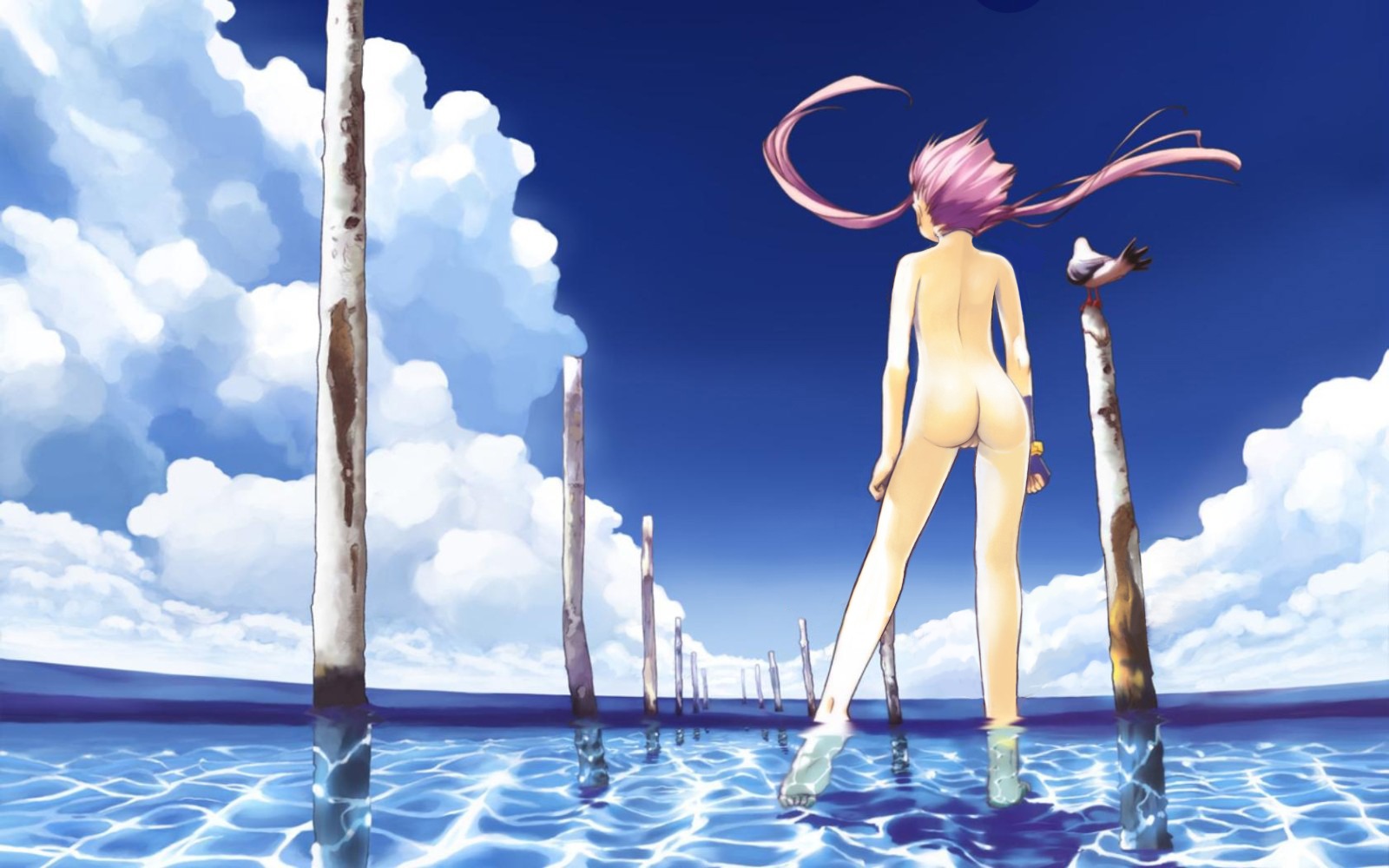 1girls amano_kozue aria barefoot clouds feet female female_only human human_only mizunashi_akari nude_filter photoshop rule34 sky solo summer wallpaper water