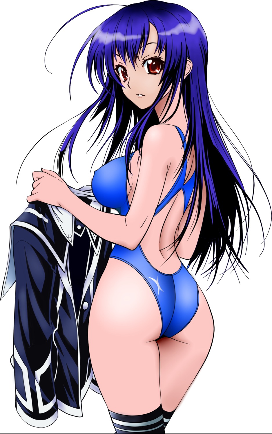 ass back blue_hair breasts competition_swimsuit erect_nipples female highres kneehighs kurokami_medaka long_hair looking_at_viewer medaka_box mizugi nipples one-piece_swimsuit red_eyes rule34 school_uniform sideboob swimsuit thighhighs