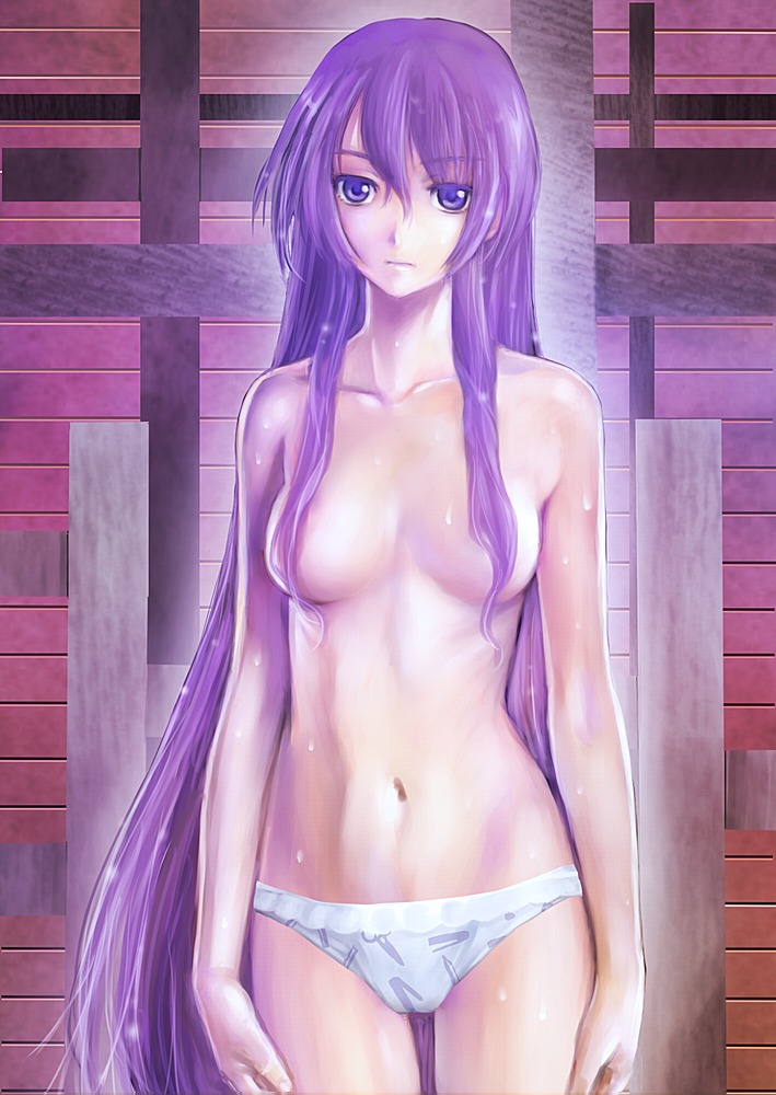 bakemonogatari breasts censor_hair censored convenient_censoring female hair_over_breasts long_hair looking_at_viewer monogatari_(series) navel panties print_panties purple_hair rule34 senjougahara_hitagi solo striped striped_panties topless underwear underwear_only very_long_hair yusao
