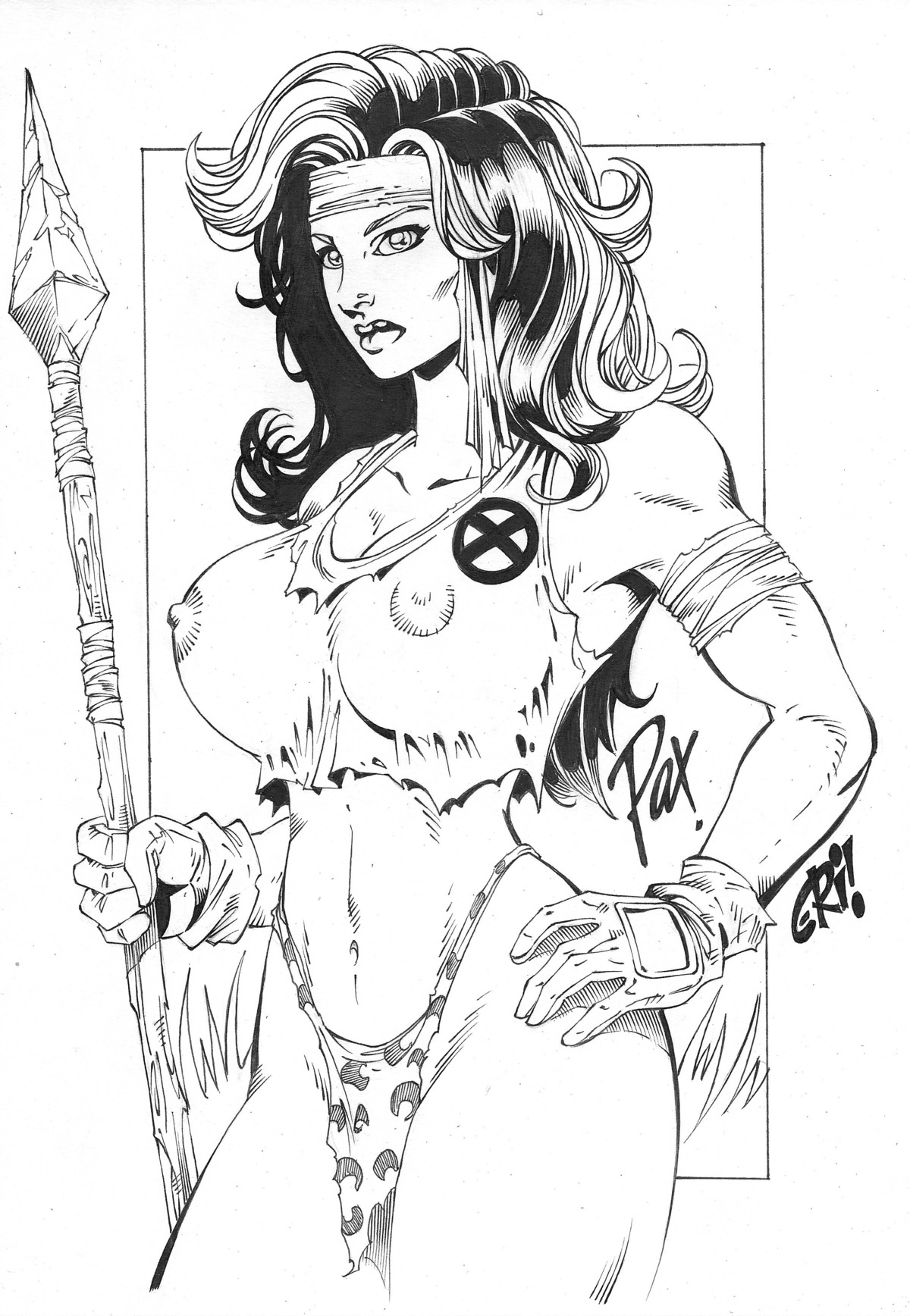 1girls anna_marie black_and_white eri! female female_only headband human line_art marvel marvel_comics monochrome rogue_(savage_land) rogue_(x-men) rule34 savage_land solo spear standing straight_hair tagme x-men