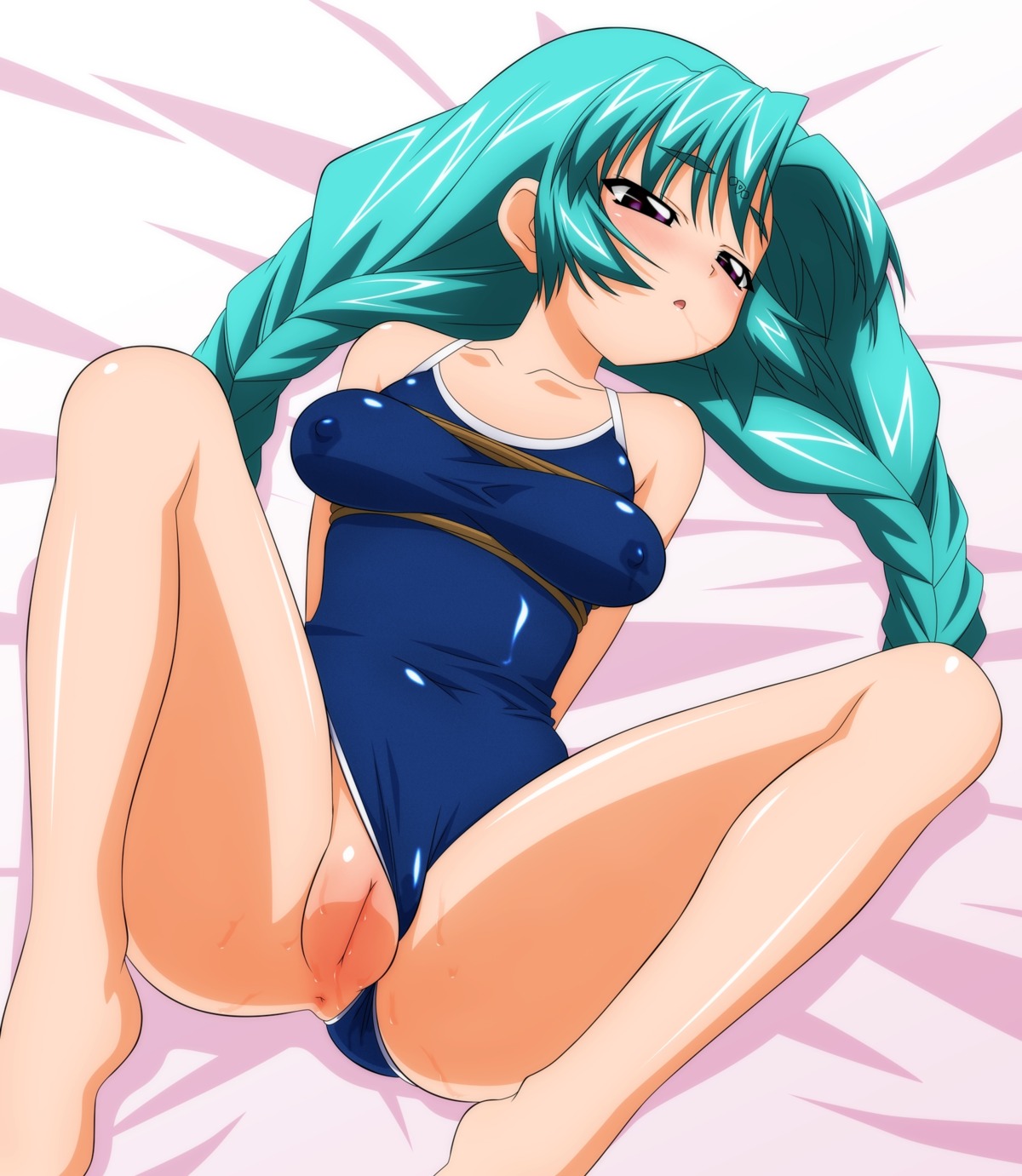 anus blush bondage braid canal_vorfeed female green_hair highres long_hair lost_universe lying one-piece one-piece_swimsuit pussy rope rule34 saliva school_swimsuit spread_legs sugimura_tomokazu swimsuit uncensored