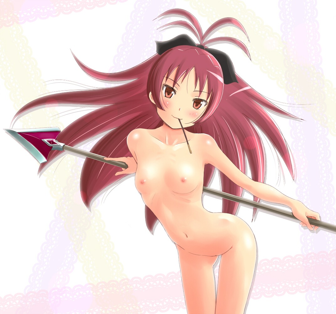 1girls blush bow breasts female hairbow leaning_forward long_hair mahou_shoujo_madoka_magica mouth_hold navel nipples nude pocky polearm ponytail red_eyes red_hair rule34 sakura_kyouko shuuji_(shumi) small_breasts smile solo spear thighs tied_hair weapon