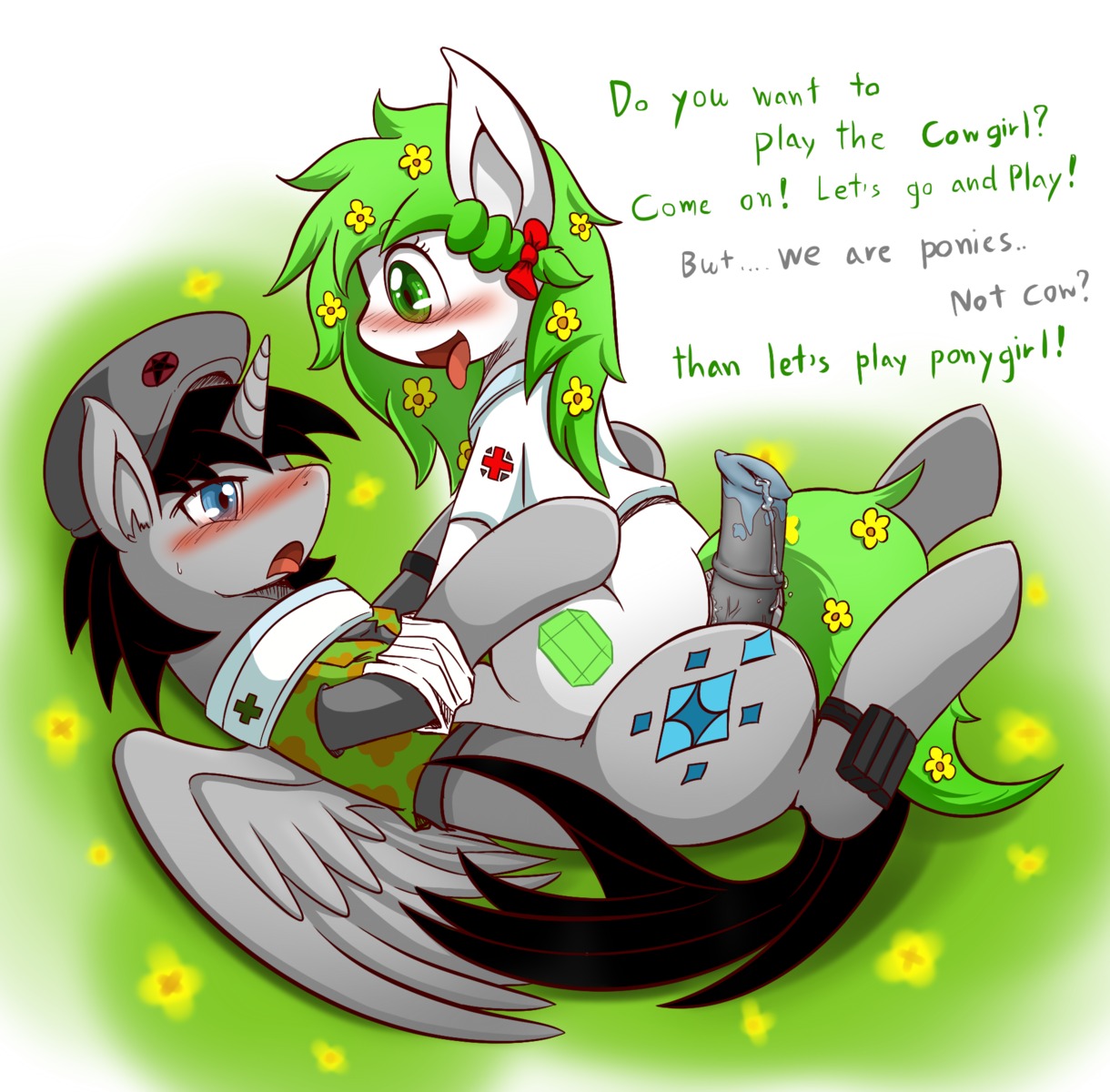 animal_genitalia animal_penis blue_eyes blush bodily_fluids bottomless clothed clothing cowgirl_position cum cutie_mark dialogue digital_media_(artwork) duo e621 english_text equid equine equine_genitalia equine_penis erection fan_character female feral from_front_position genital_fluids genitals green_eyes hair hasbro hat headgear headwear hi_res horse lying male male/female mammal my_little_pony nurse on_back on_bottom on_top penis pony precum sex straddling text vavacung