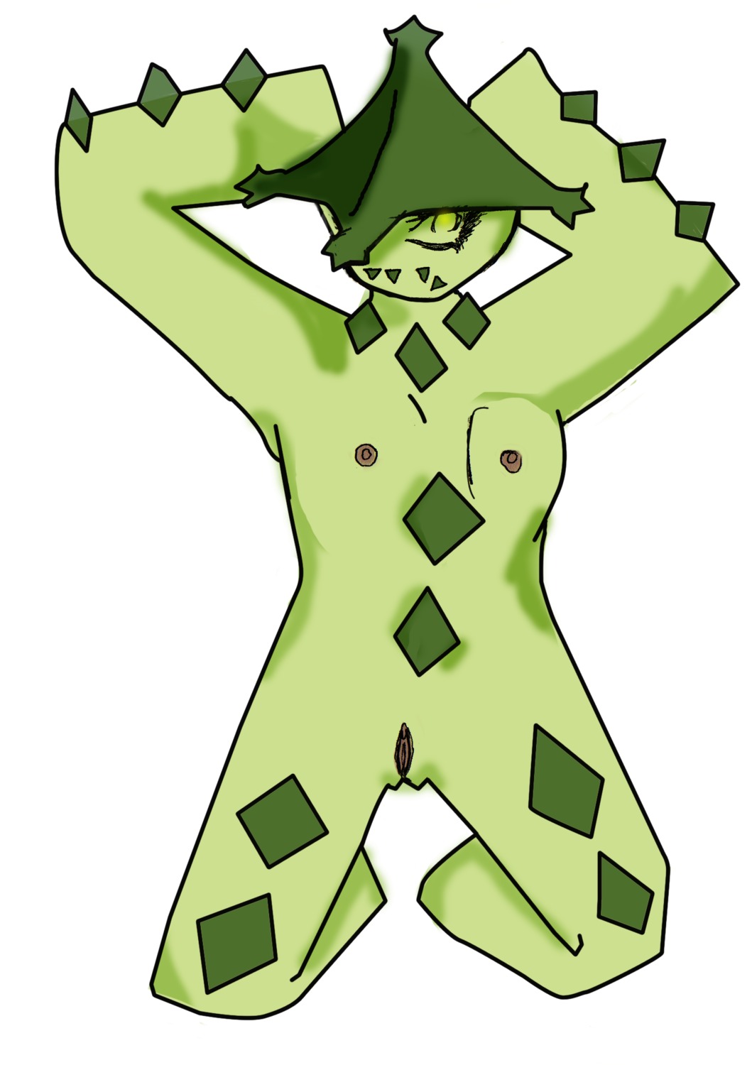 cacturne color female female_only front_view green_eyes green_skin kneeling nintendo nipples nude pokemon pokemon_(species) pokemon_rse pose pussy rule34 solo superriot tagme vulva