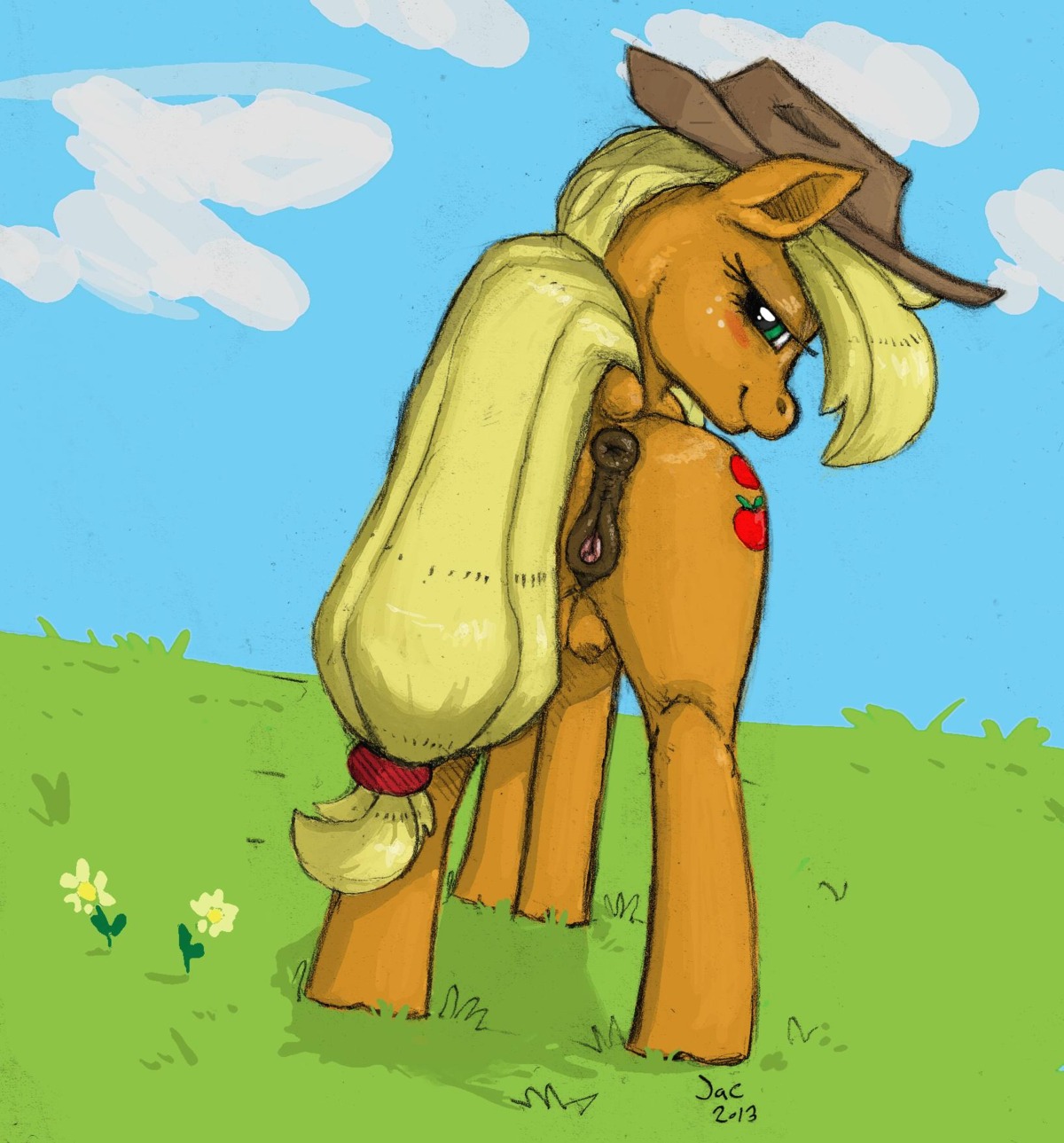 2013 anatomically_correct anatomically_correct_genitalia anatomically_correct_vulva animal_genitalia animal_vulva anus applejack_(mlp) bedroom_eyes blonde_hair blush butt clitoral_winking clitoris clothing cloud cowboy_hat cutie_mark doe-shmo e621 earth_pony equid equine equine_genitalia equine_vulva female feral flower freckles friendship_is_magic fur genitals grass green_eyes hair half-closed_eyes hasbro hat headgear headwear hi_res hooves horse long_hair looking_at_viewer looking_back mammal my_little_pony narrowed_eyes nipples orange_body orange_fur outside plant pony presenting puffy_anus raised_tail rear_view seductive signature sky smile solo tail teats vulva