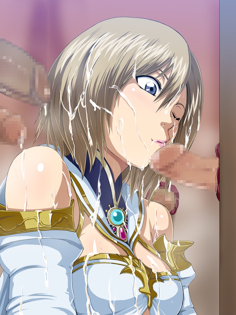 1girls 2d ashelia_b'nargin_dalmasca bare_shoulders blonde_hair blue_eyes breasts bukkake censored cum cum_on_body cum_on_breasts cum_on_hair cum_on_upper_body cumdrip dark-skinned_male dark_skin facial female final_fantasy final_fantasy_xii flapper_shirt glory_hole highres human human_female lipstick male penis raburebo rule34 short_hair solo sweat wink