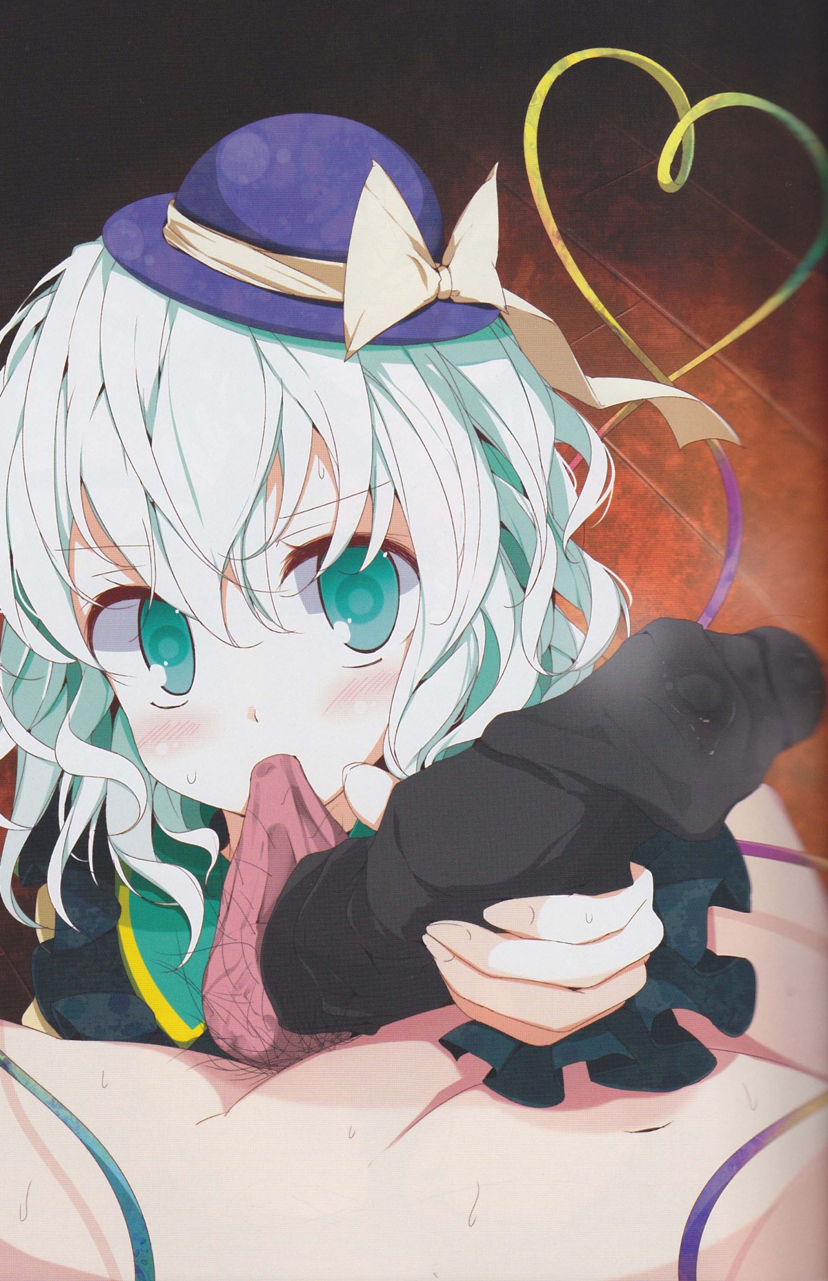 1boy 1girls balls balls_biting balls_sucking biting bow cock_sleeve cock_sleeve_(clothes) cum_in_sock feet female footwear green_eyes green_hair hat highres koishi_komeiji male penis pubic_hair rule34 scan scan_artifacts short_hair sock_on_penis sockjob straight testicles touhou uncensored usotsukiya