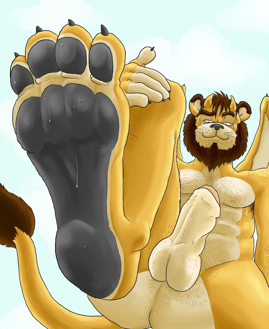 anthro balls blueballs e621 erection feet felid foot_focus genitals horn lion macro male mammal pantherine paws penis solo tail