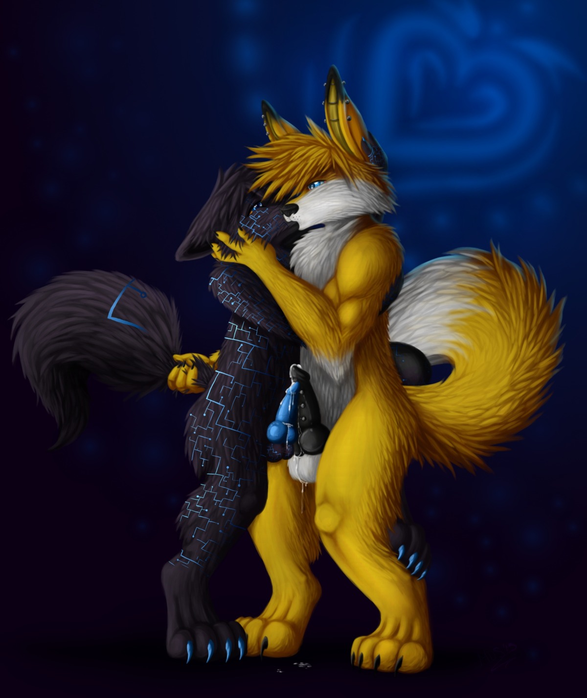 4_toes abstract_background animal_genitalia animal_penis anthro balls black_body black_fur black_hair black_penis blue_eyes bodily_fluids canid canine canine_genitalia canine_penis canis claws cum digitigrade duo e621 ear_piercing erection feet fennec_fox fox frottage fur genital_fluids genital_piercing genitals hair heart_symbol hi_res hindpaw kajowwojak_(character) kissing kitsu_momochi knot male male/male mammal nude paws penile penis penis_piercing penises_touching piercing prettykitty13 sex simple_background standing tail tail_grab toes true_fox wolf yellow_body yellow_fur