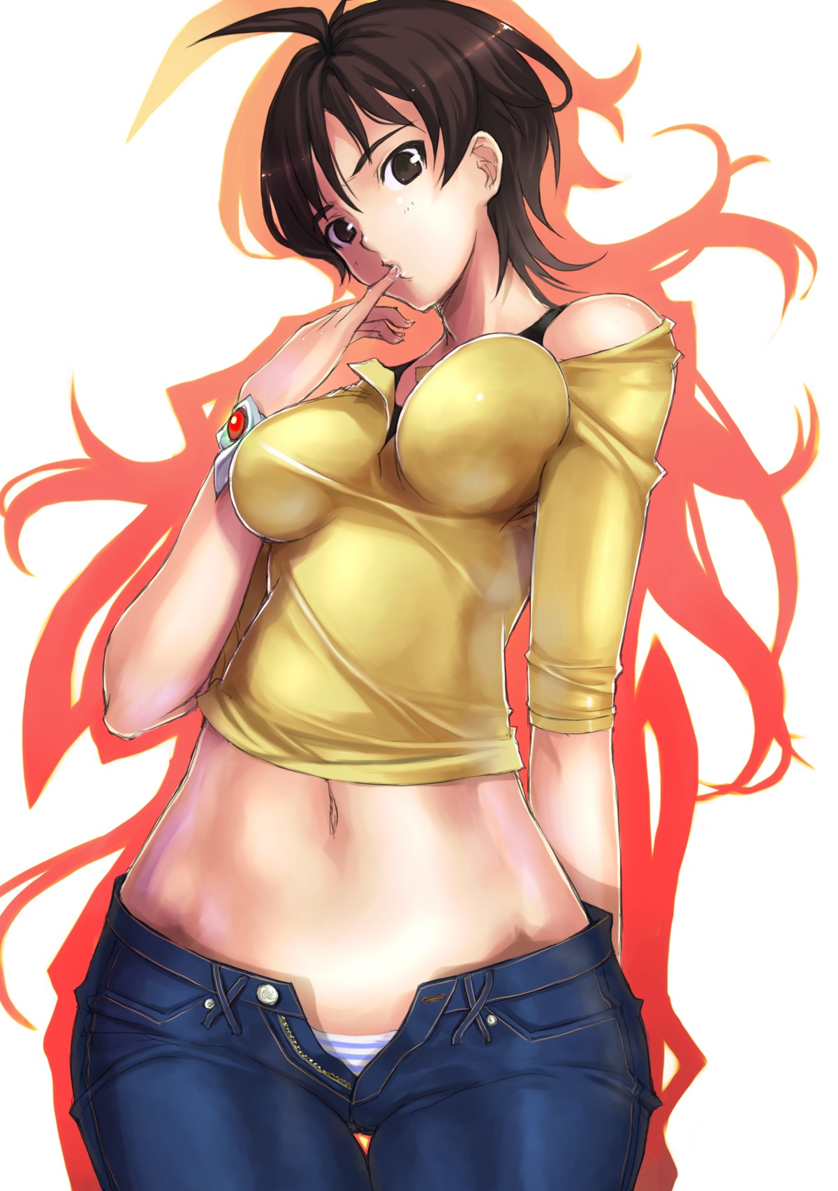 1girls 2010 2d 2d_(artwork) adult adult_female ahoge arms_behind_back black_bra blouse blue_panties bra bracelet breasts brown_eyes brown_hair curvy dual_persona female female_only female_protagonist finger_licking finger_to_mouth high_resolution hips human human_only impossible_clothes impossible_clothing impossible_shirt jeans jewelry licking lingerie looking_at_viewer masane_amaha medium_breasts midriff mikazuki_akira navel off_shoulder open_fly panties realistic_breast_size realistic_proportions rule34 shirt short_hair solo solo_female standing striped striped_panties thigh_gap thighs trimoon unbuttoned underwear unzipped wide_hips witchblade