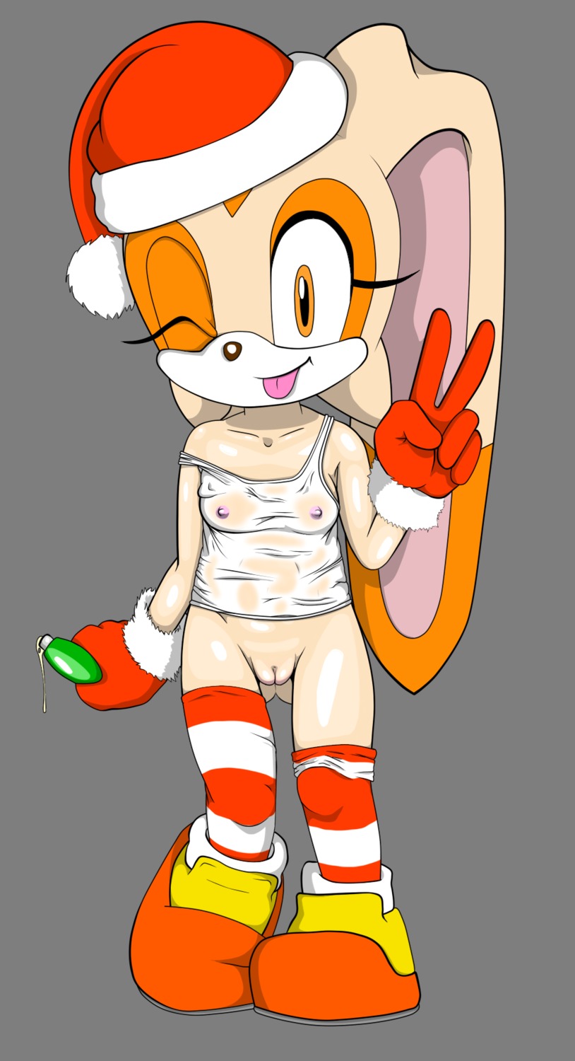 2013 alpha_channel anthro bottomless breasts christmas christmas_clothing christmas_headwear clothed clothing cream_the_rabbit e621 erect_nipples female genitals hat headgear headwear hi_res holidays jenokamui lagomorph leporid loli long_ears looking_at_viewer mammal nipples one_eye_closed pom_hat rabbit santa_hat sega simple_background small_breasts smile solo sonic_the_hedgehog_(series) tongue translucent translucent_clothing transparent_background vulva young young_anthro