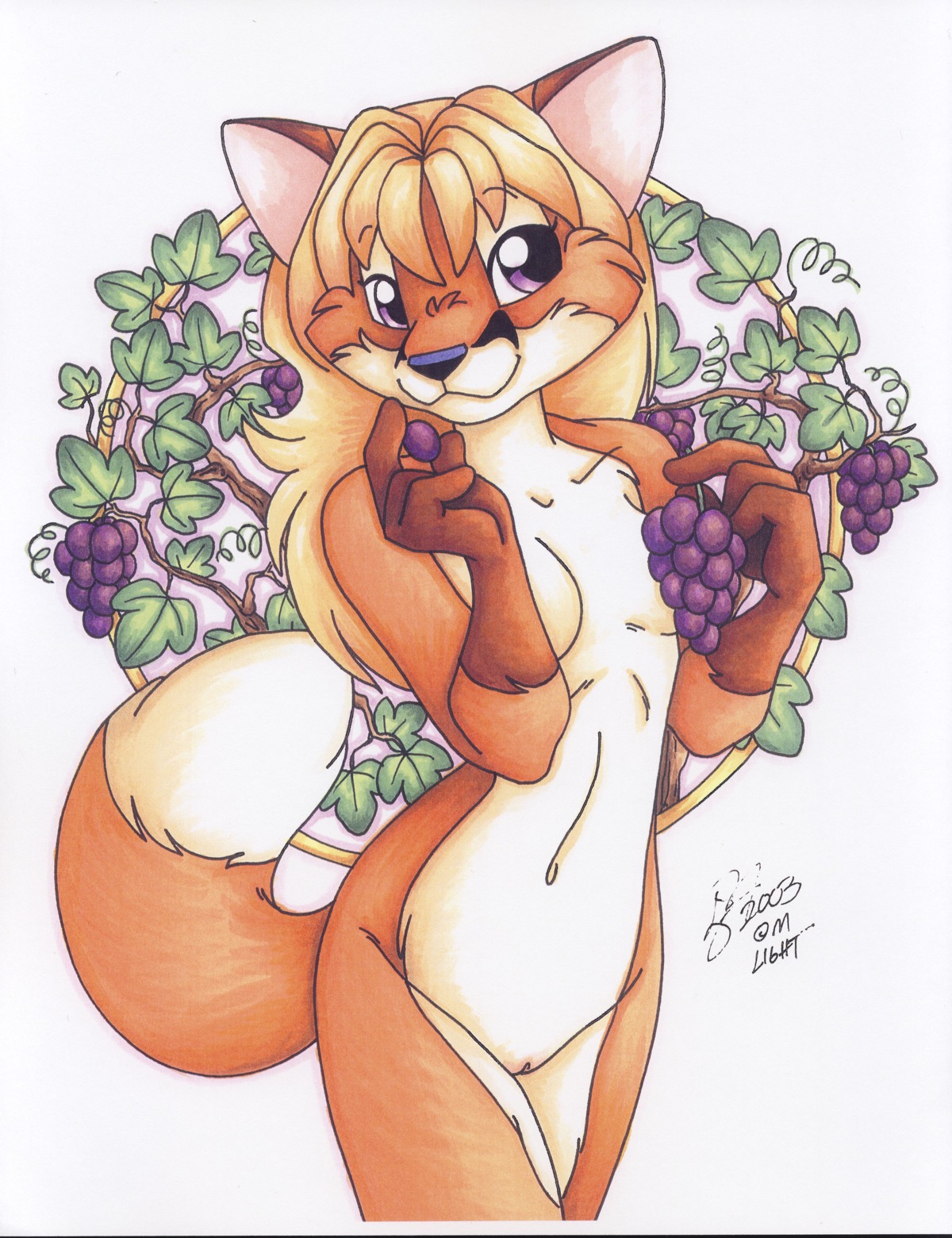 2003 absurd_res anthro art_nouveau canid canine dipstick_tail e621 female food fox fruit genitals grape hi_res mammal markings michele_light nude plant purple_eyes signature solo tail tail_markings traditional_media_(artwork) vulva