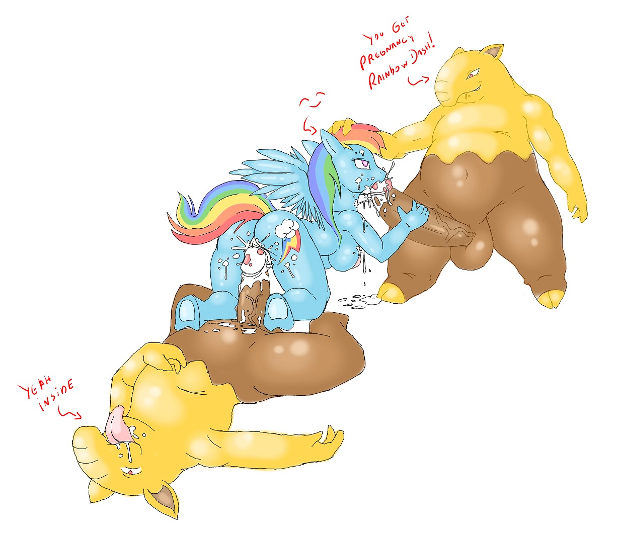 1girls 2boys alicorn anthro anthro_on_anthro anthrofied blue_fur cartoon_network crossover cum_in_mouth cum_in_penis cum_in_pussy discovery_kids drowzee equine female friendship_is_magic furry_only hasbro horse interspecies male my_little_pony mythological_creature mythological_equine mythology pegasus penis pink_eyes pokemon pokemon_rgby pokephilia pony pussy rainbow_dash_(mlp) rainbow_hair red_eyes rule34 straight straight_hair white_background yellow_fur