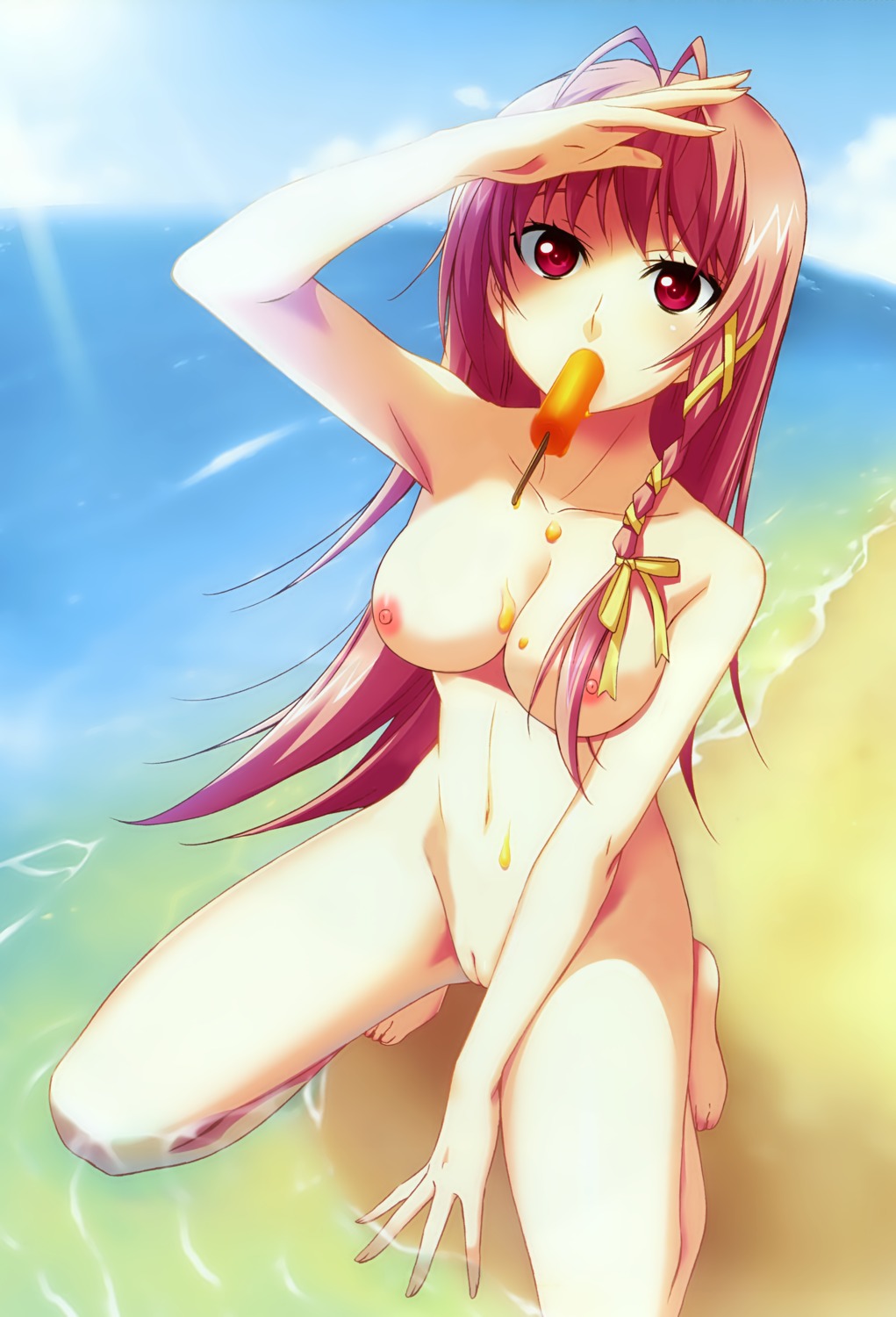 1girls asahikawa_fuuka beach bomi breasts dengeki_hime female kneeling lucky_x_crosse nipples nude nude_filter outdoors photoshop pussy rule34 solo spread_legs third-party_edit vagina