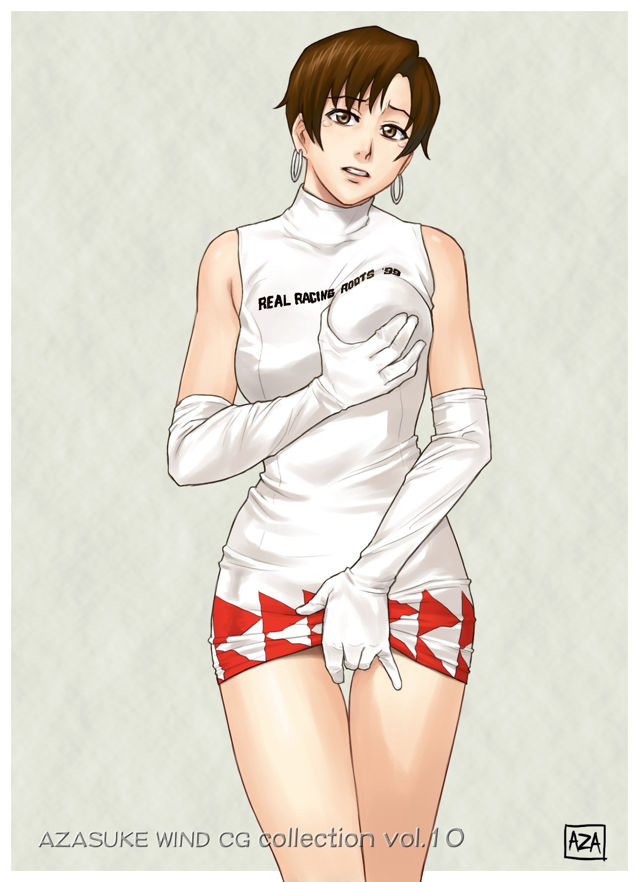 1girls azasuke bare_shoulders breast_grab breasts brown_eyes brown_hair clothed_masturbation dress dress_lift earrings elbow_gloves embarrassed female fingering gloves groping highres hoop_earrings jewelry looking_at_viewer masturbation nagase_reiko race_queen ridge_racer rule34 short_hair solo standing standing_masturbation tears thigh_gap thighs
