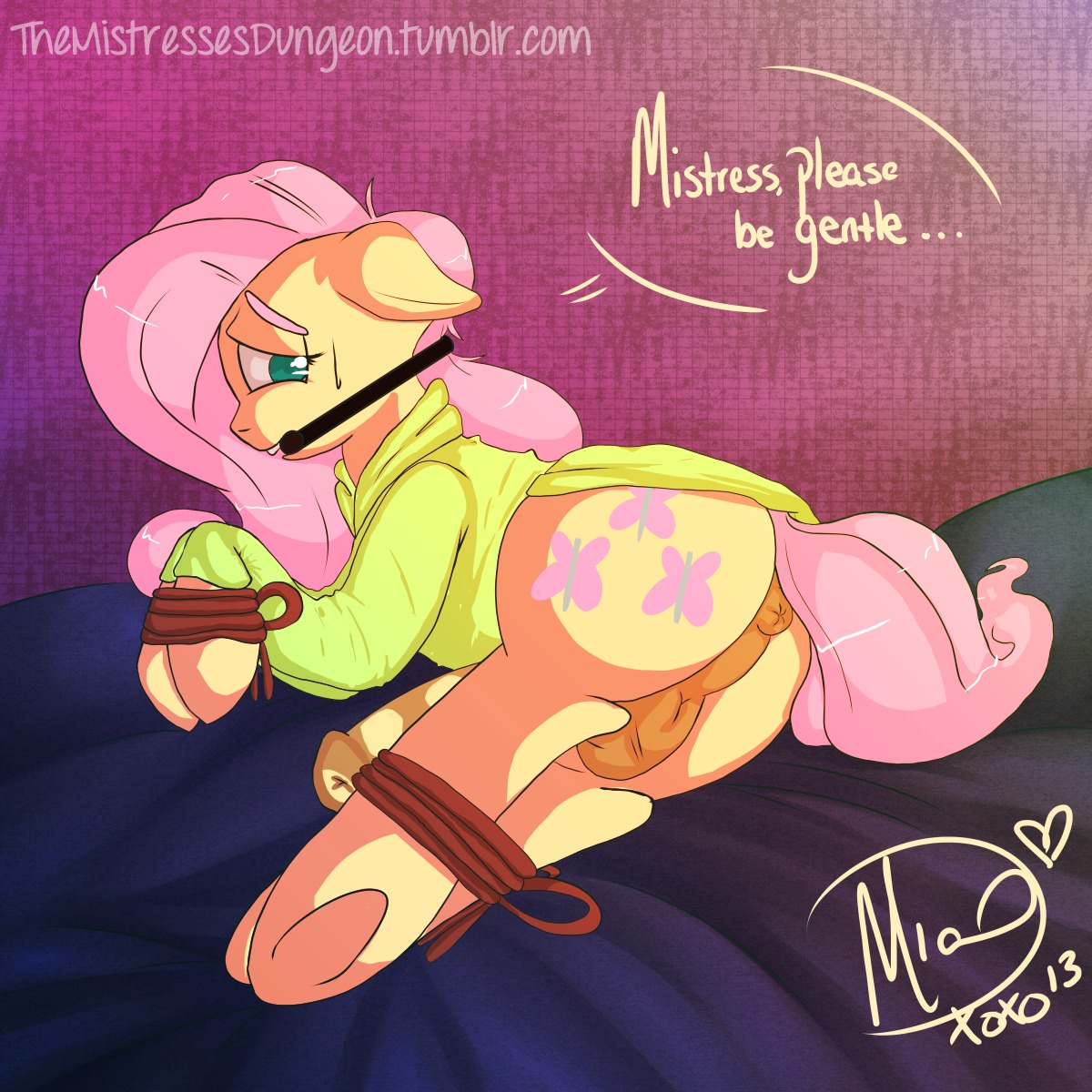 1:1 2013 anus balls bit_gag bound clothing cutie_mark e621 english_text equid equine erection feathered_wings feathers feral fluttershy_(mlp) friendship_is_magic fur gag gagged genitals green_eyes gynomorph hair hasbro hi_res intersex mammal mistresslutea my_little_pony mythological_creature mythological_equine mythology pegasus penis pink_hair solo text wings yellow_body yellow_feathers yellow_fur