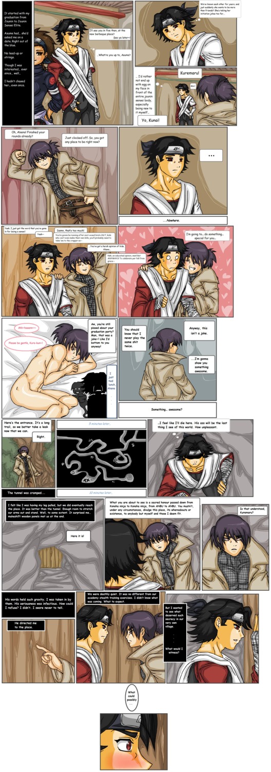 beige_skin black_hair breasts clothes color comic dialog english_text female hair human male multiple_males naruto naruto_(series) nude original_character rule34 rule_63 short_hair speech_bubble text